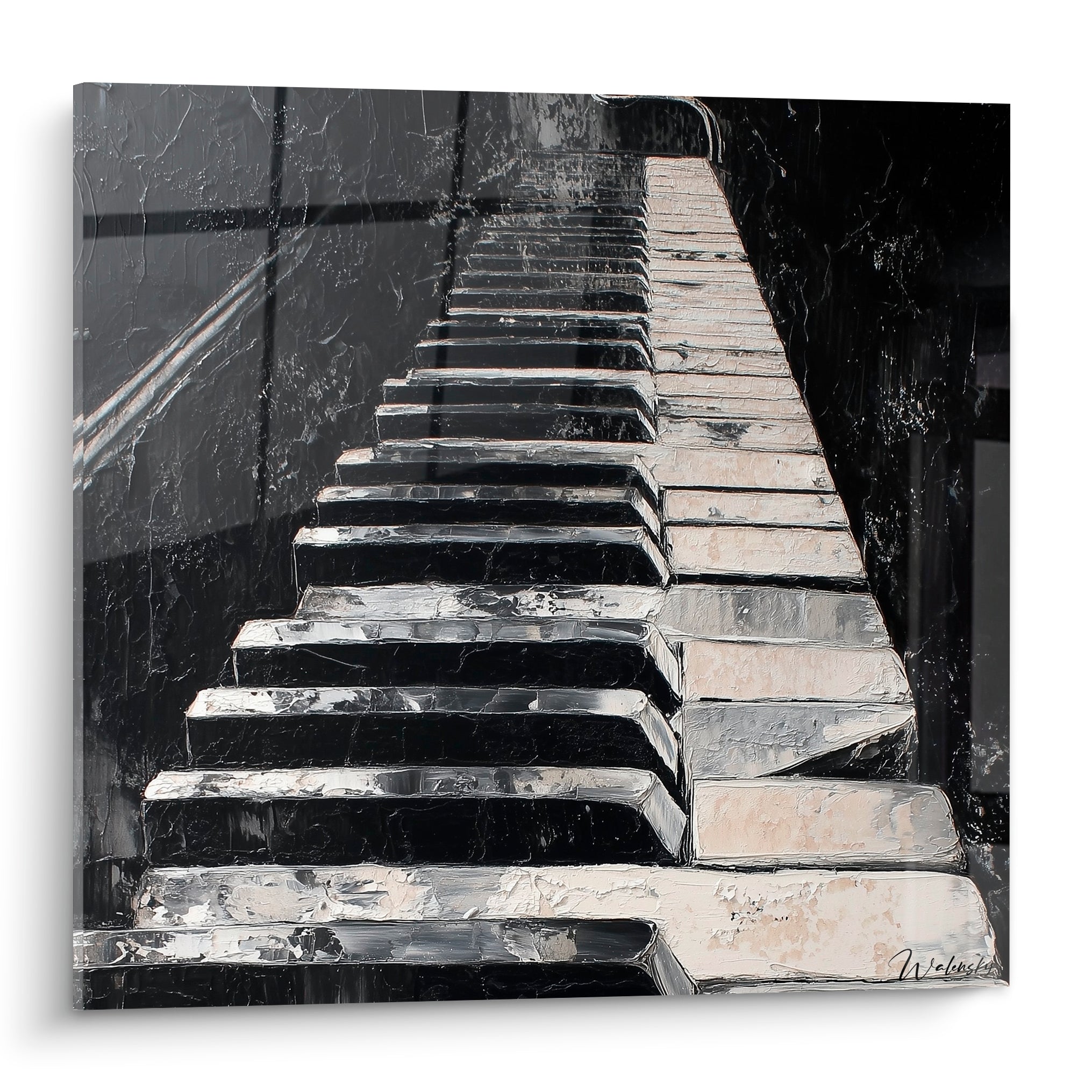 Touches de Musique noir profond et ivoire peintes en relief, perspective fuyante vers l'horizon sombre