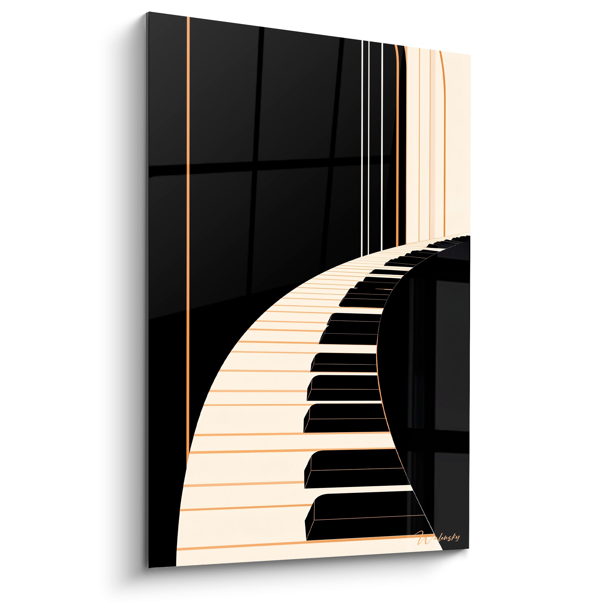 Clavier de piano Musique ivoire et noir sinueux, touches dorées, composition graphique et fluide