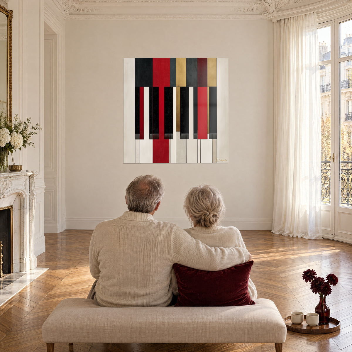 Cuadro con octavas geométricas en rojo, negro y oro sobre fondo marfil, en un gran salón Haussmann con suelo de parquet