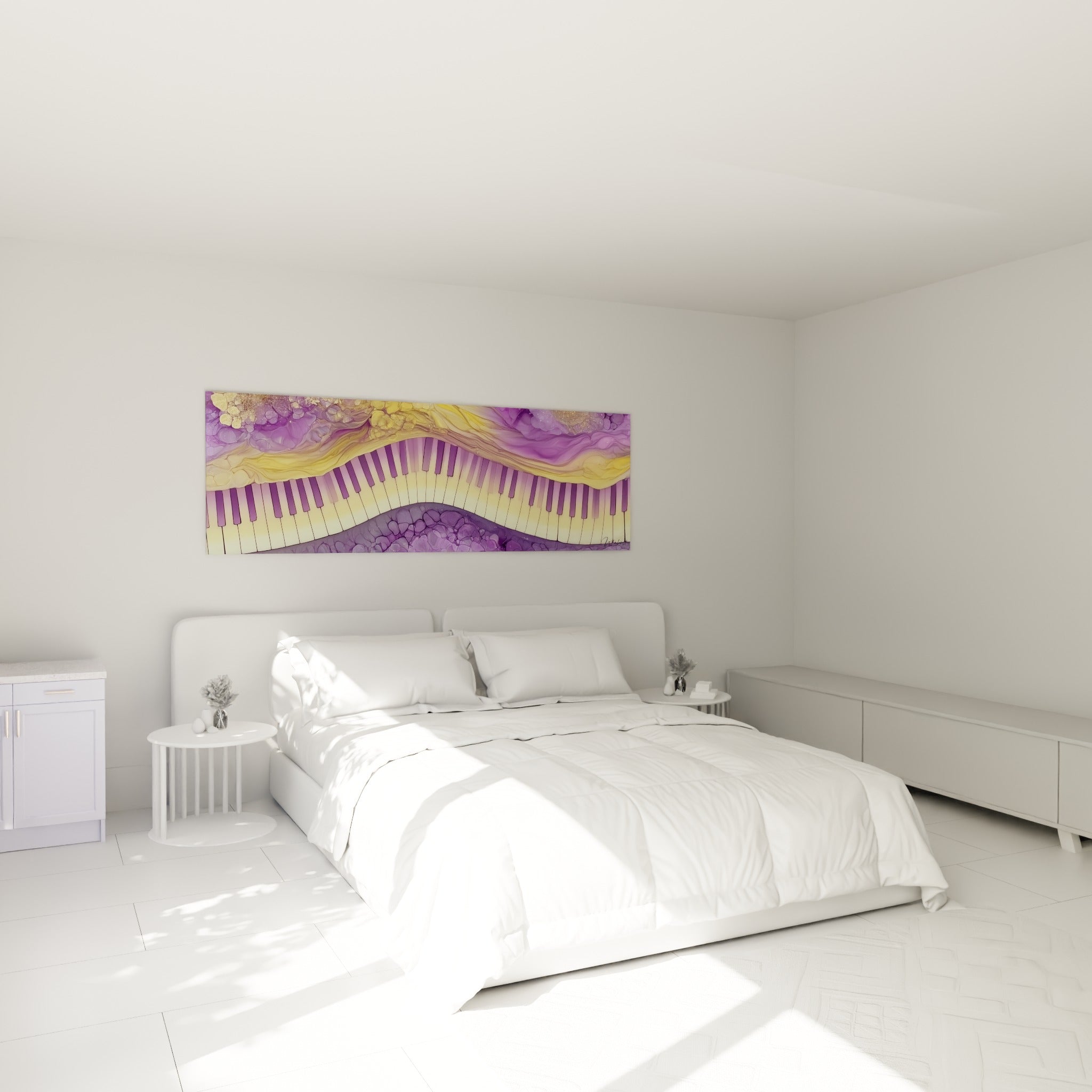 Clavier de piano violet et crème en vague picturale, accroché au-dessus d'un lit dans une chambre claire.