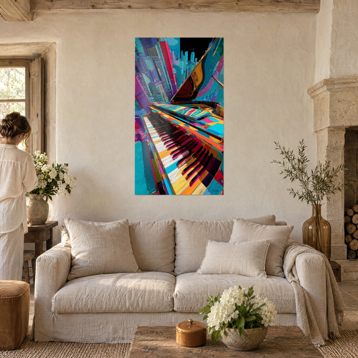 Wall art multicolored grand piano diving into turquoise and magenta skyscrapers, above a sofa in a bright living room