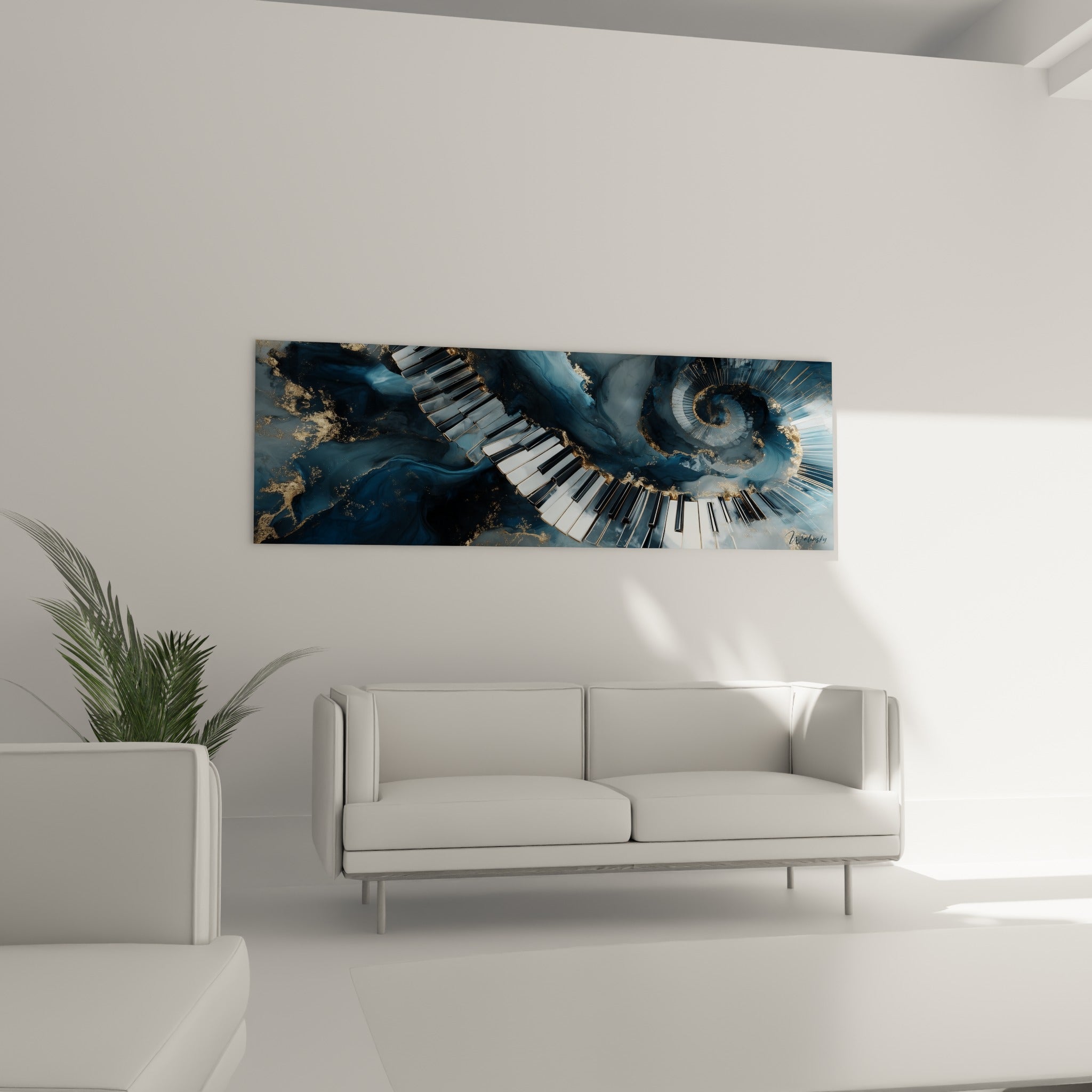 Ruban de touches noires et blanches tourbillonnant sur marbrure bleue et dorée au-dessus d'un canapé dans un salon lumineux