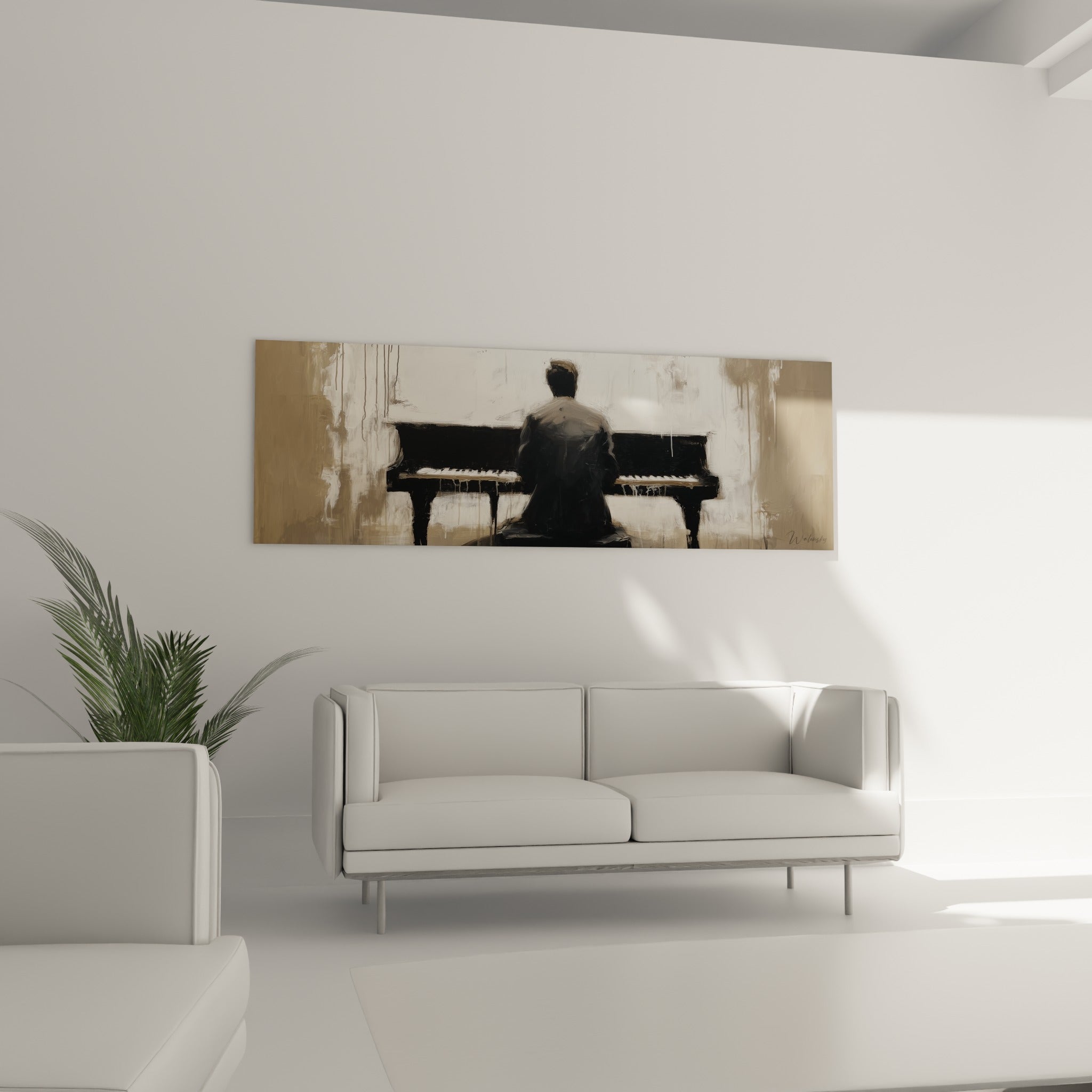 Musicien en noir jouant du piano, palette beige et anthracite, au-dessus d'un canapé dans un salon lumineux