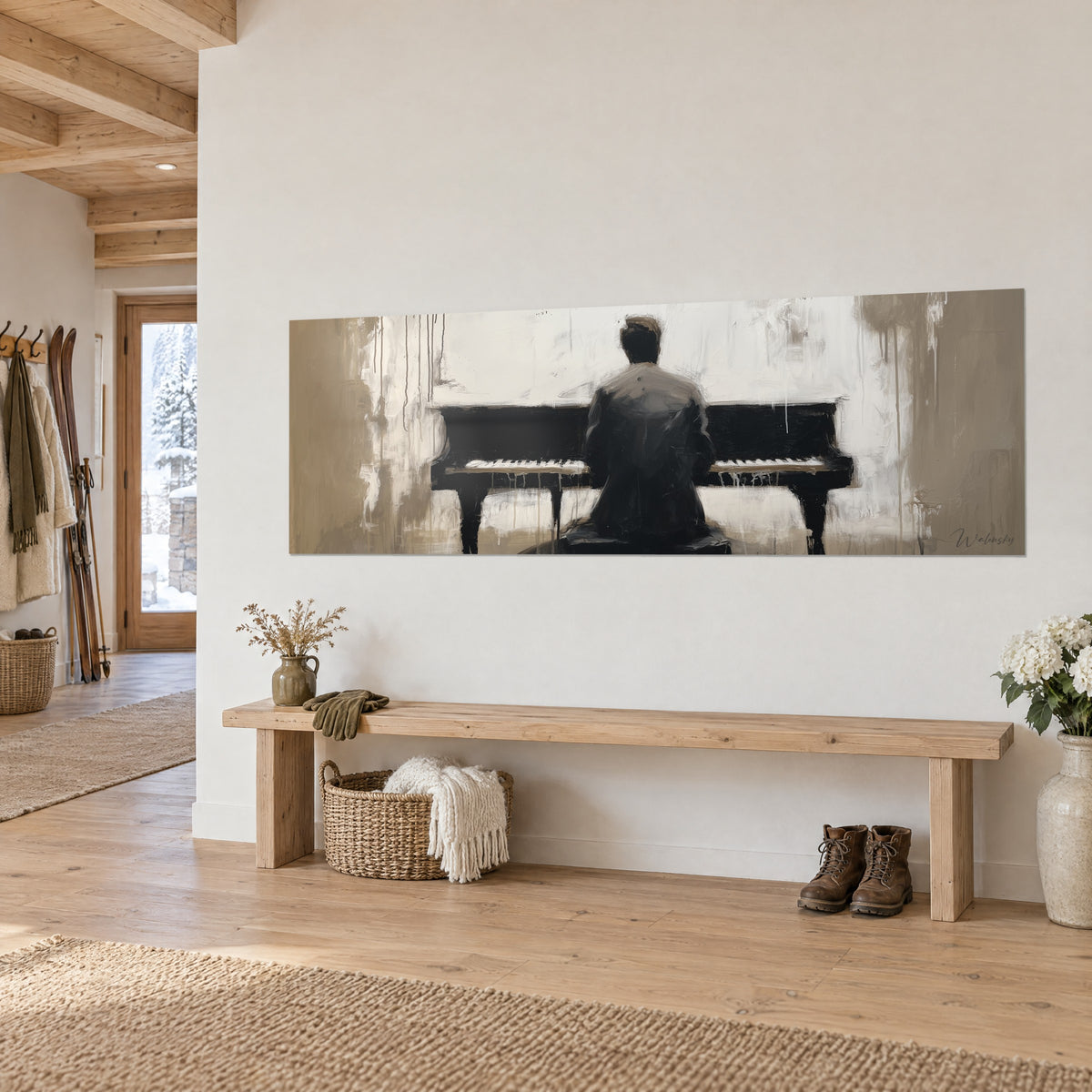 Wall art musician seated at his black grand piano, taupe and off-white, oak bench, three-quarter view in a chalet