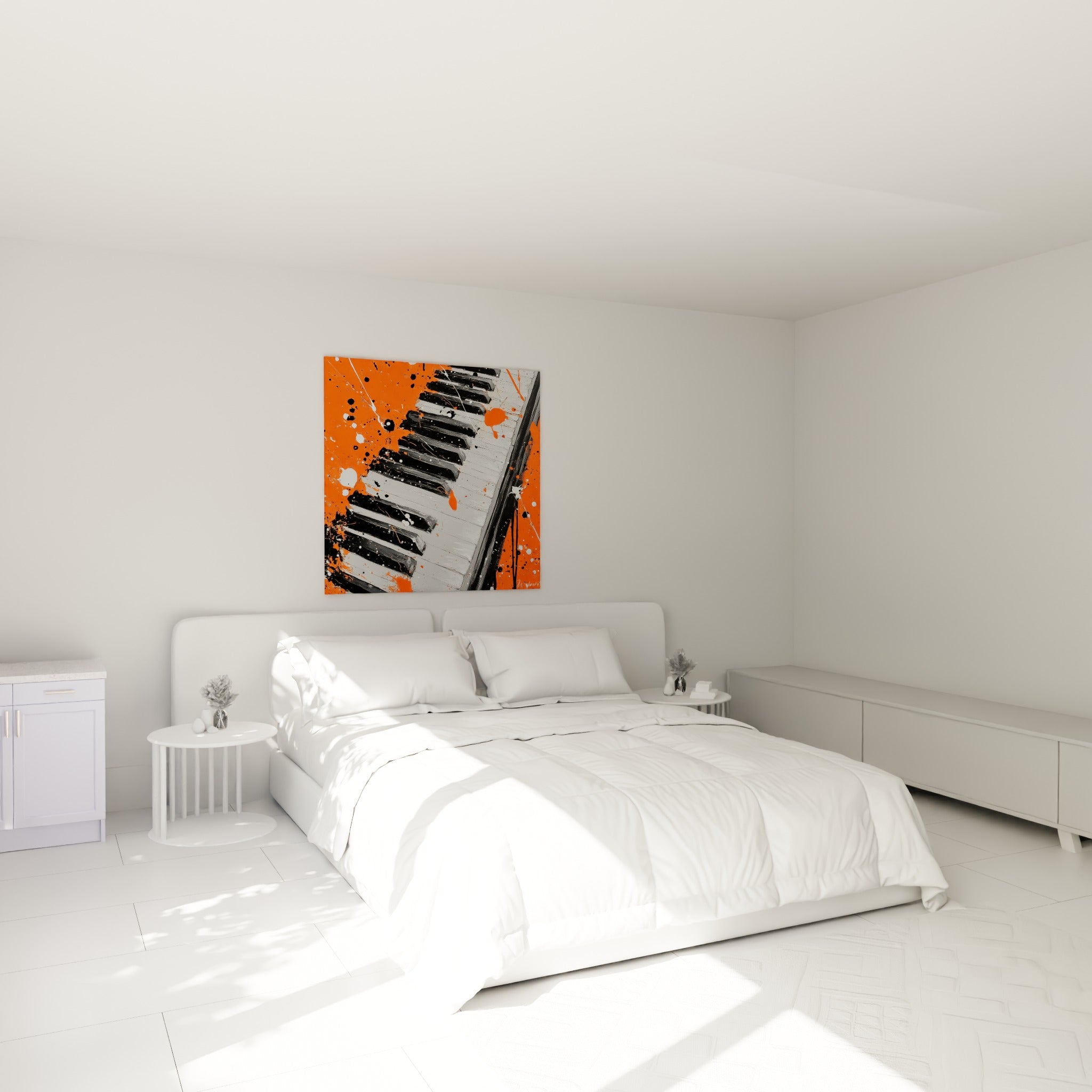 Piano orange et noir aux touches éclaboussées, accroché au-dessus d'un lit dans une chambre claire