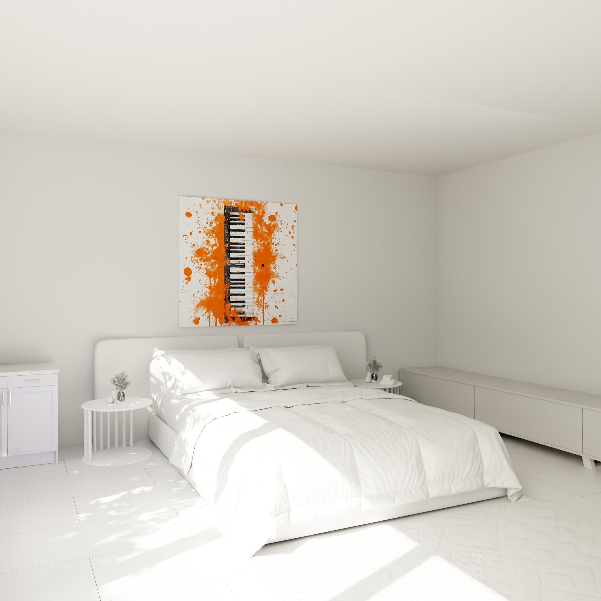 Piano éclaboussé d'orange et de noir accroché au-dessus d'un lit dans une chambre claire