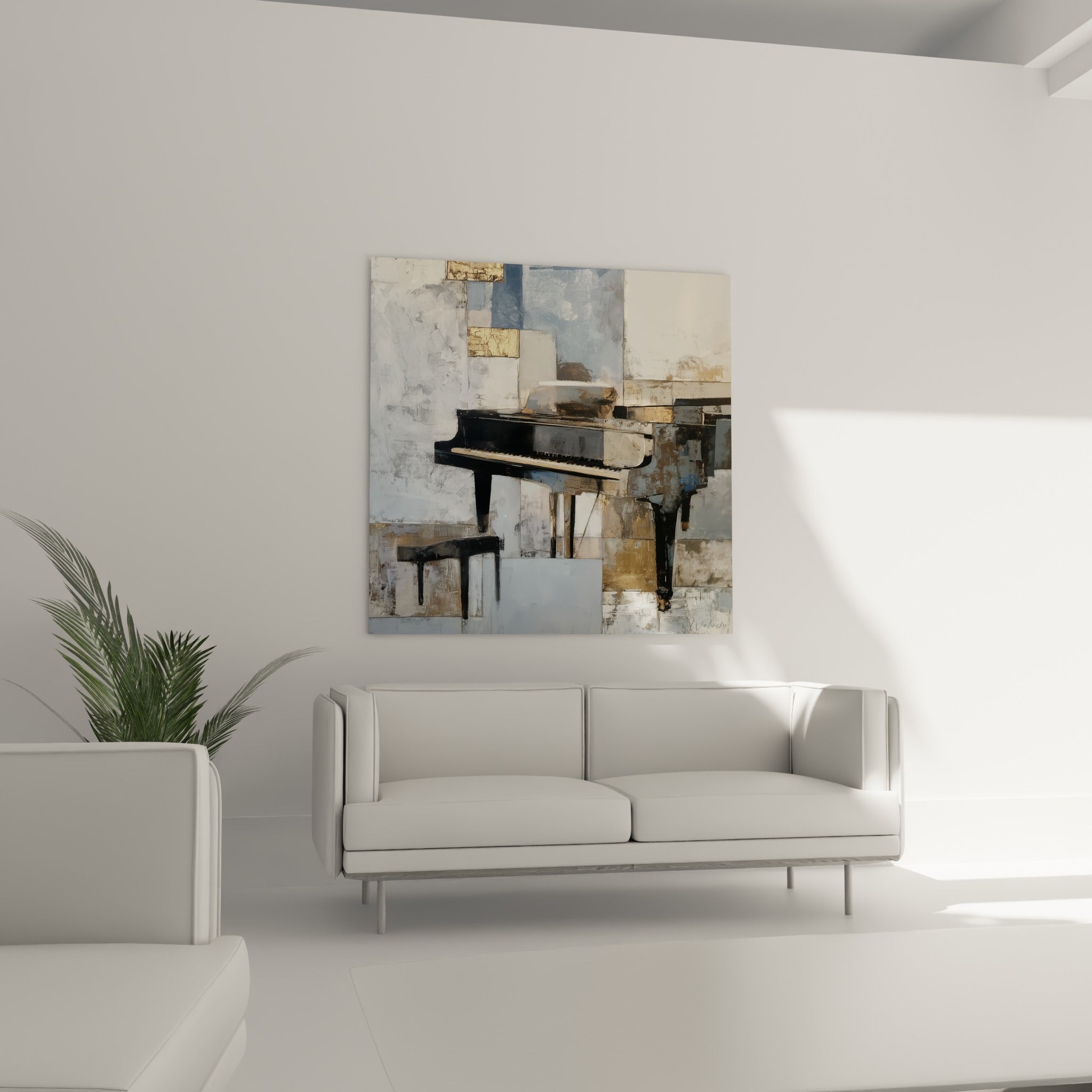 Silhouette du piano à clavier blanc et noir sur fond patchwork beige, au-dessus d'un canapé dans un salon lumineux
