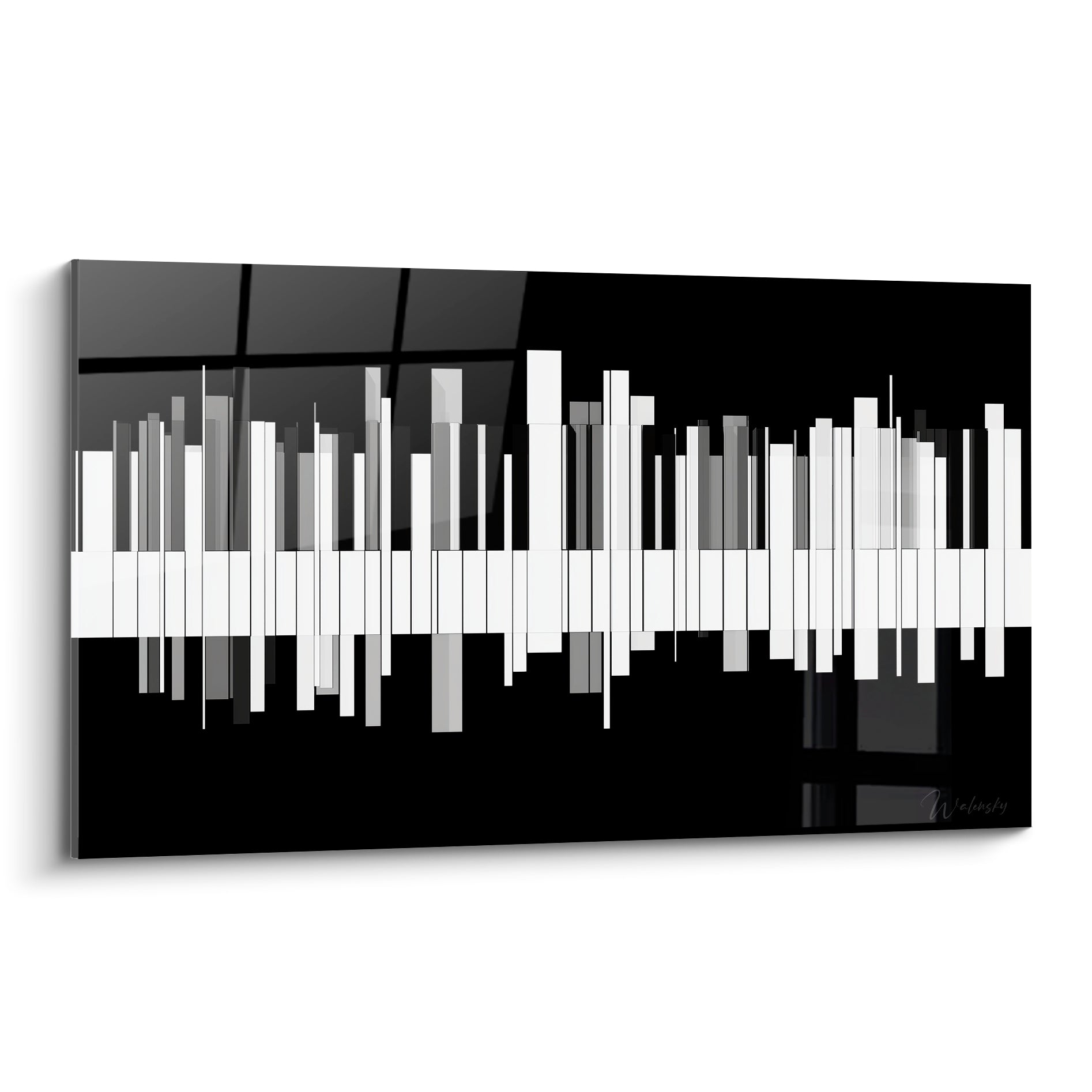 Clavier de piano éclaté noir et blanc, touches verticales déstructurées en gris fumé et anthracite