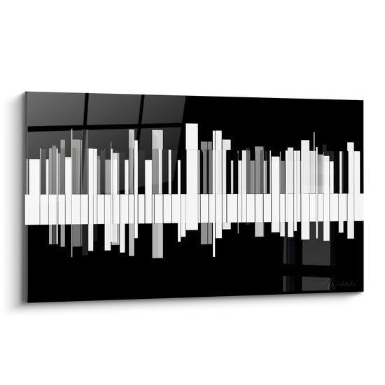Clavier de piano éclaté noir et blanc, touches verticales déstructurées en gris fumé et anthracite