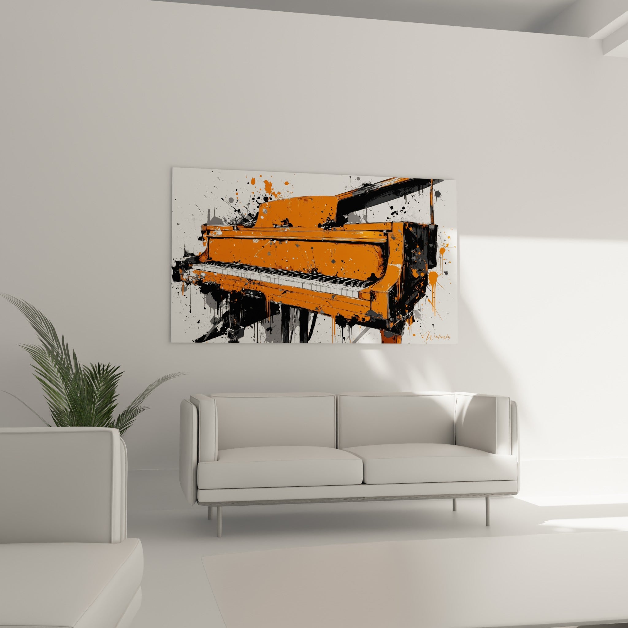 Instrument orange vif taché de noir et gris, au-dessus d'un canapé dans un salon lumineux