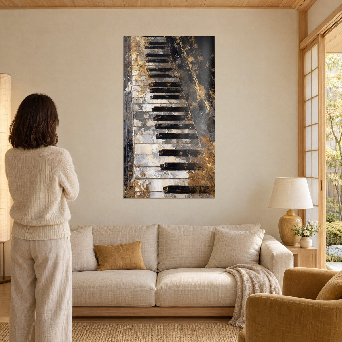 Wall art piano keyboard in palette knife painting, black and ivory keys, gold highlights, above a sofa in a bright living room