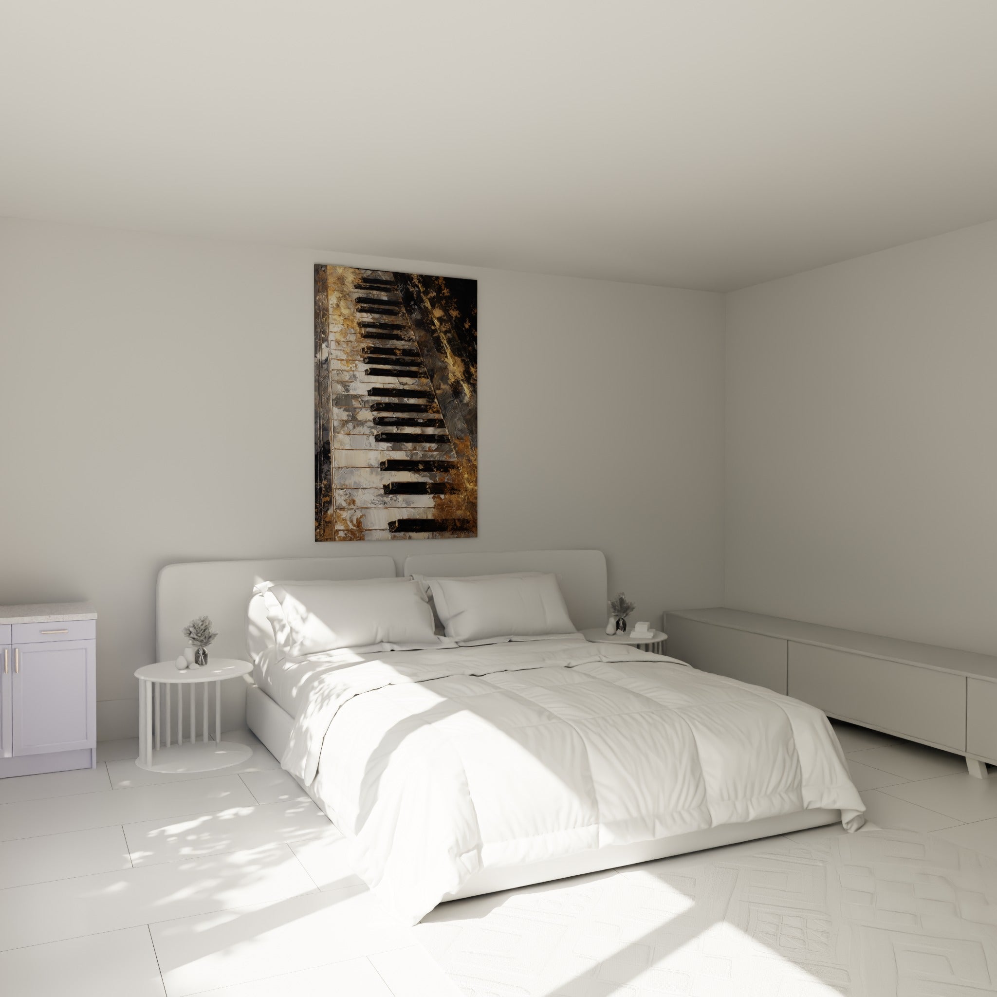 Touches de piano dorées et anthracite en diagonale, au-dessus d'un lit dans une chambre claire