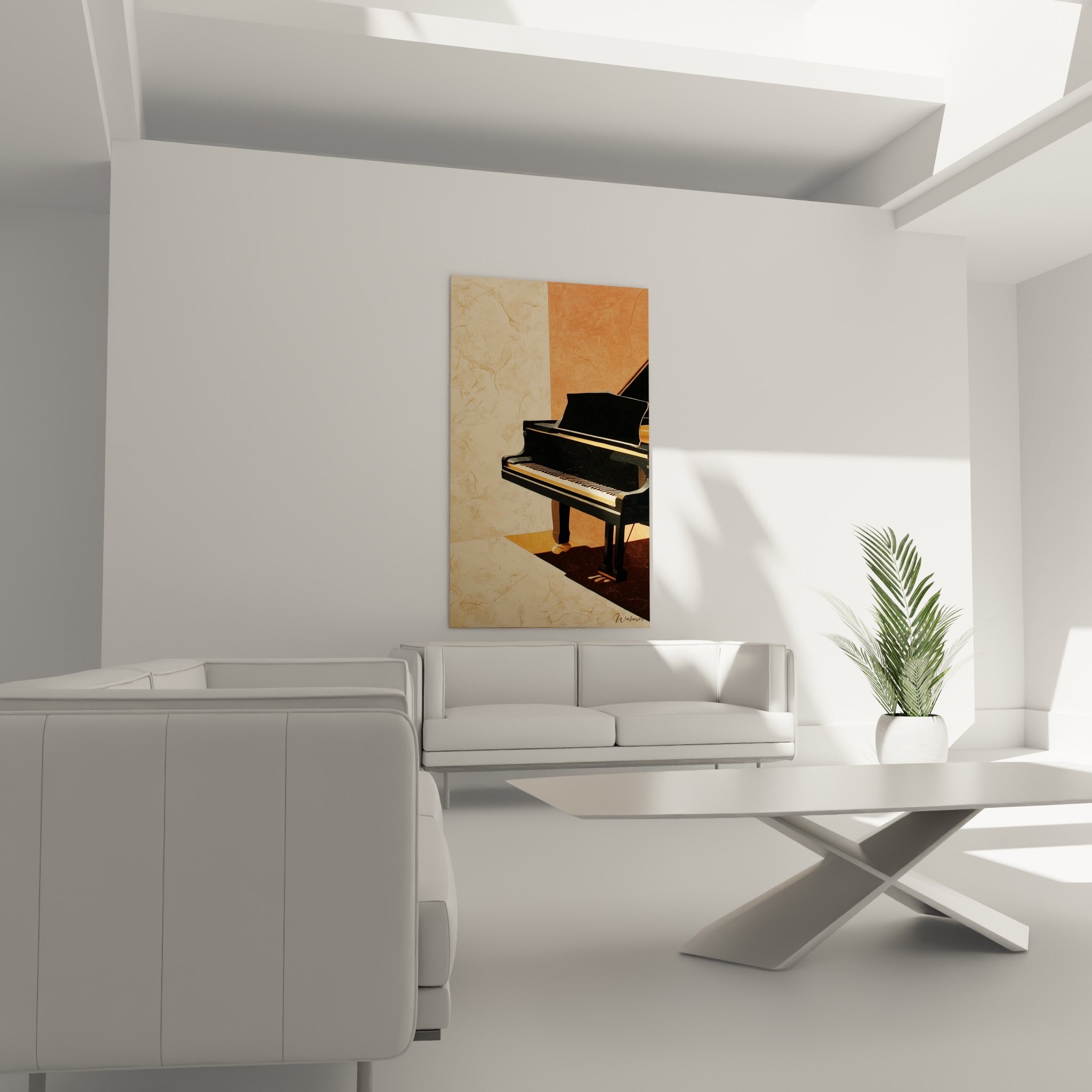 Piano à queue graphique noir et terracotta, disposé au-dessus d'un canapé dans un salon lumineux