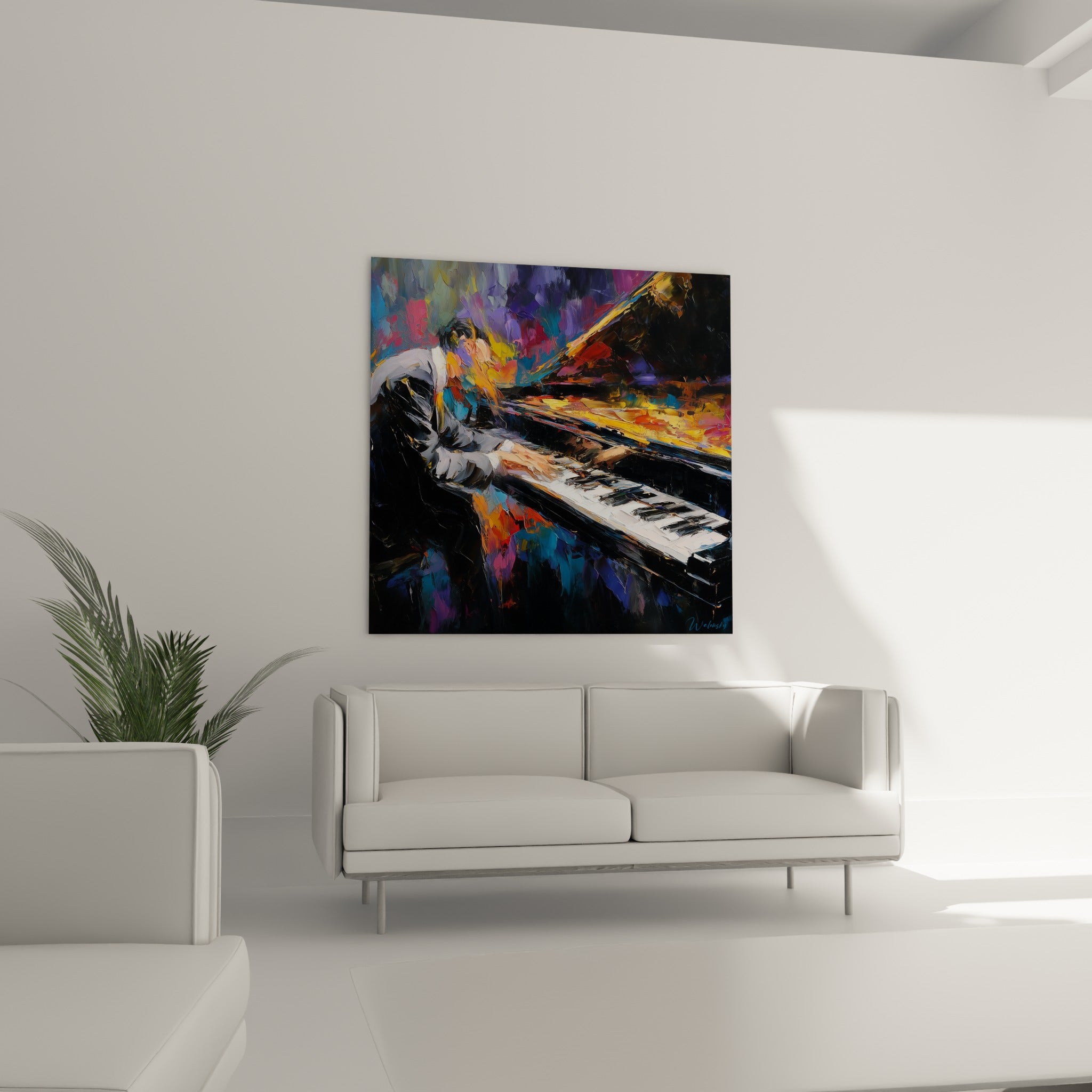 Silhouette penchée sur un piano noir et doré, éclats violets, tableau musique au-dessus d'un canapé dans un salon lumineux