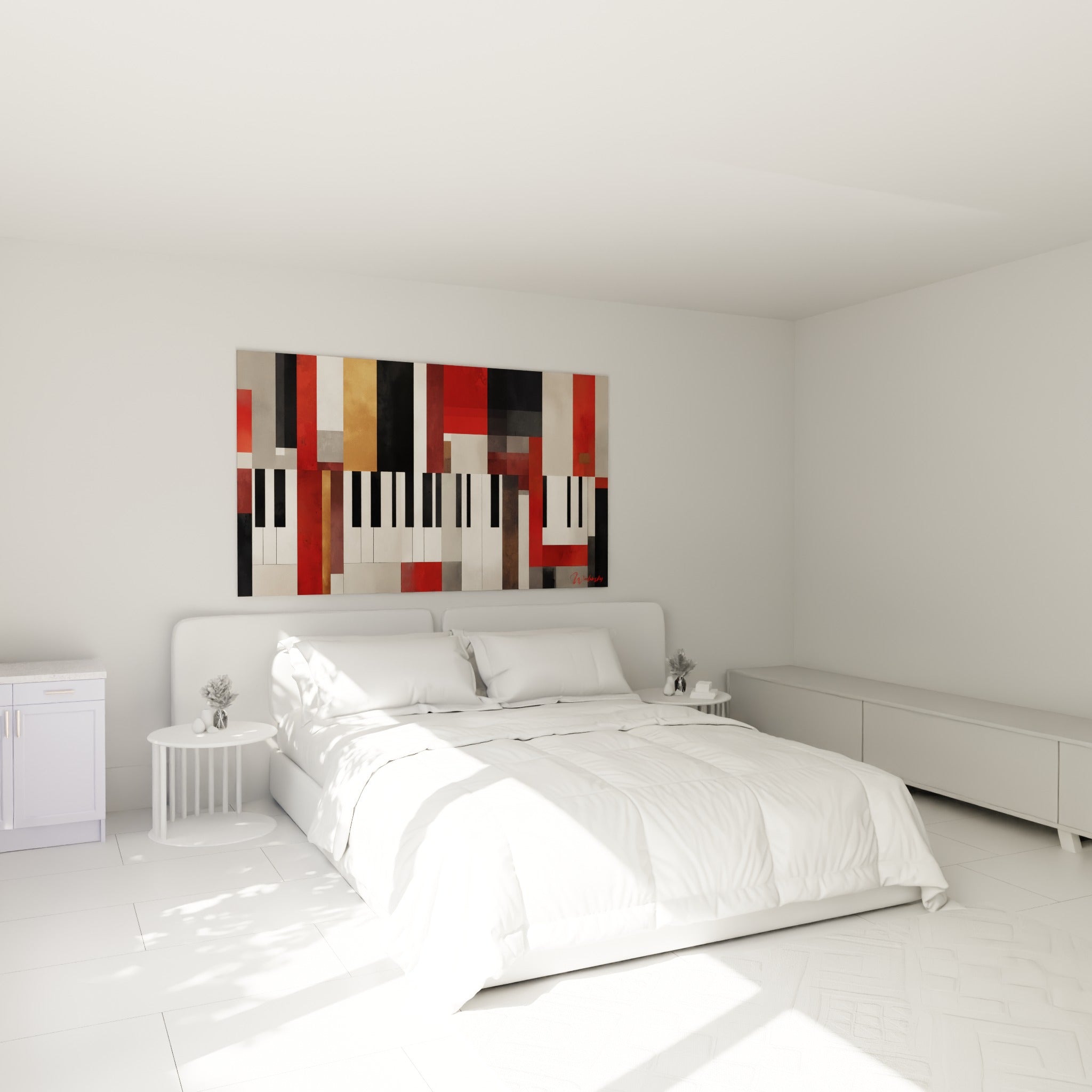 Piano stylisé aux teintes rouge cramoisi et grises accroché au-dessus d'un lit dans une chambre claire
