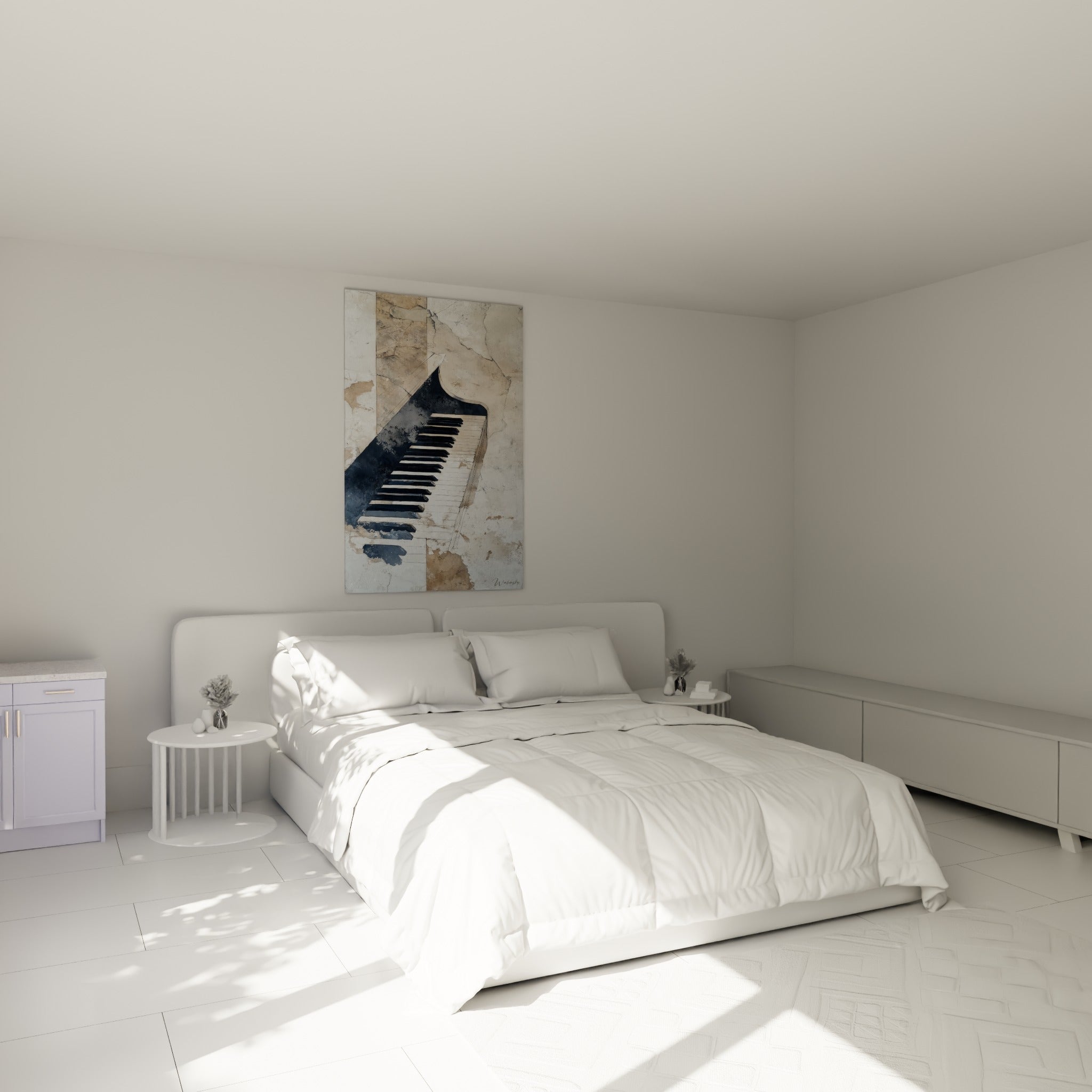 Clavier de piano anthracite et beige texturé accroché au-dessus d'un lit dans une chambre claire