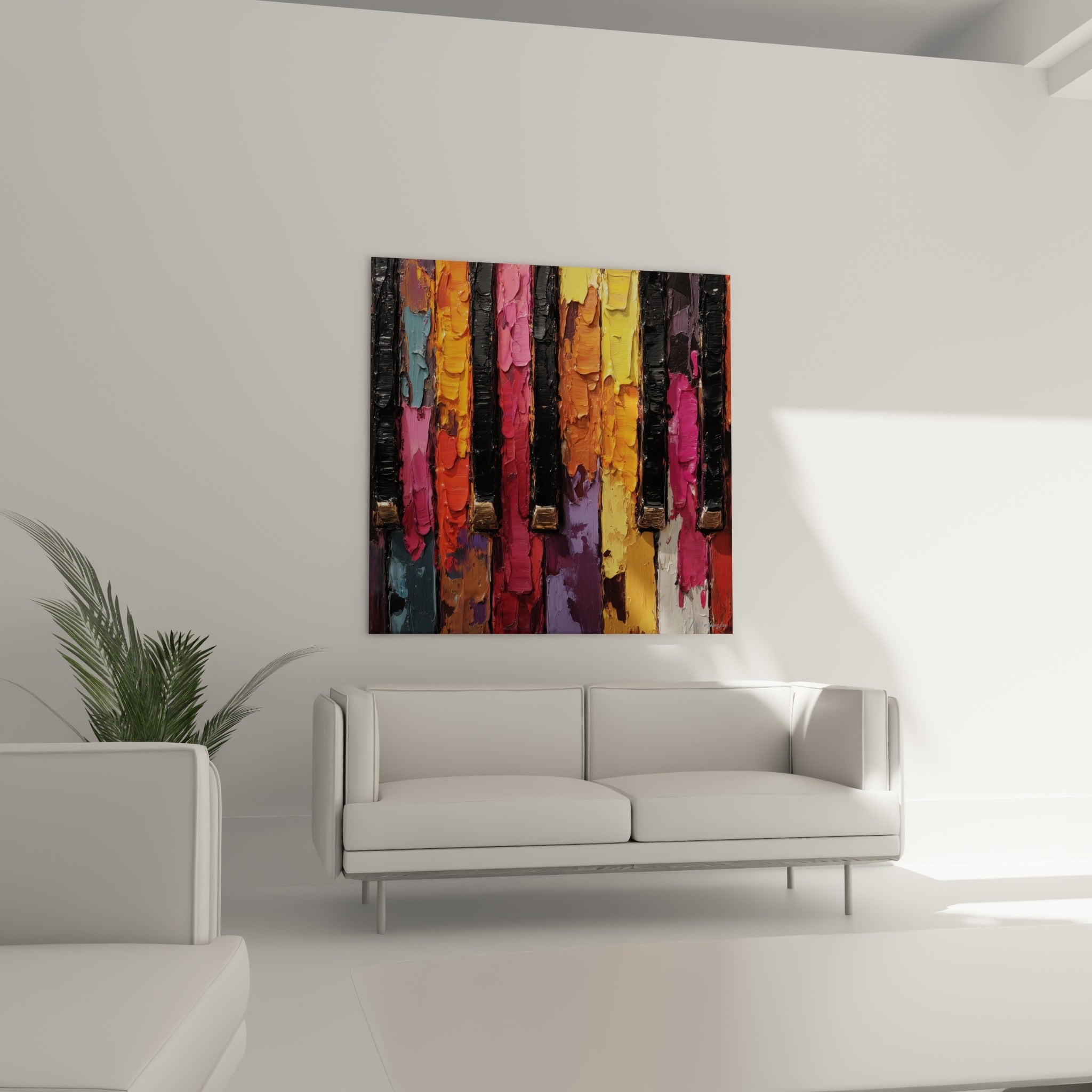 Touches multicolores d'un piano en empâtement, installées au-dessus d'un canapé dans un salon lumineux