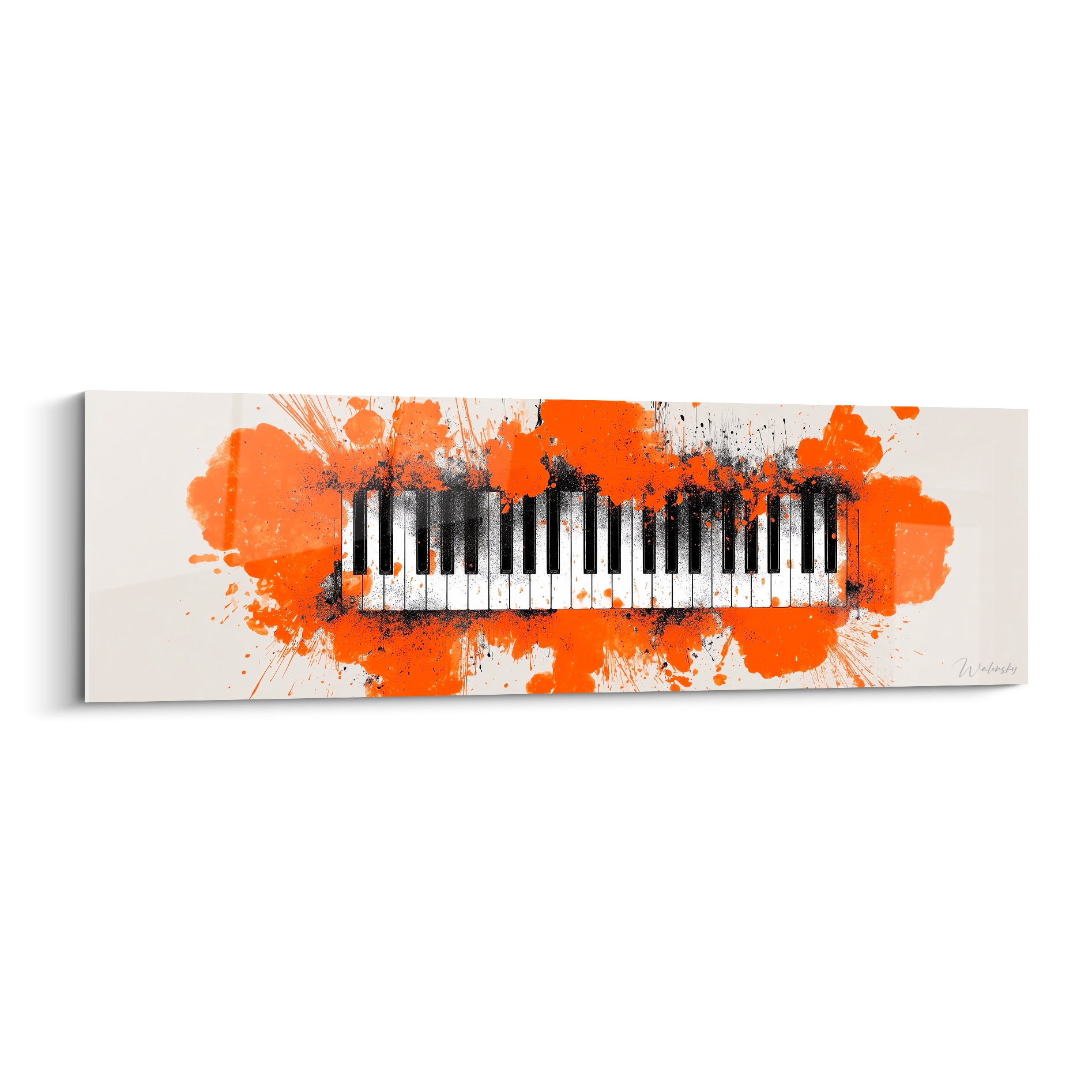 Clavier de piano noir et blanc jailli d'éclaboussures orange sur fond ivoire, style expressif
