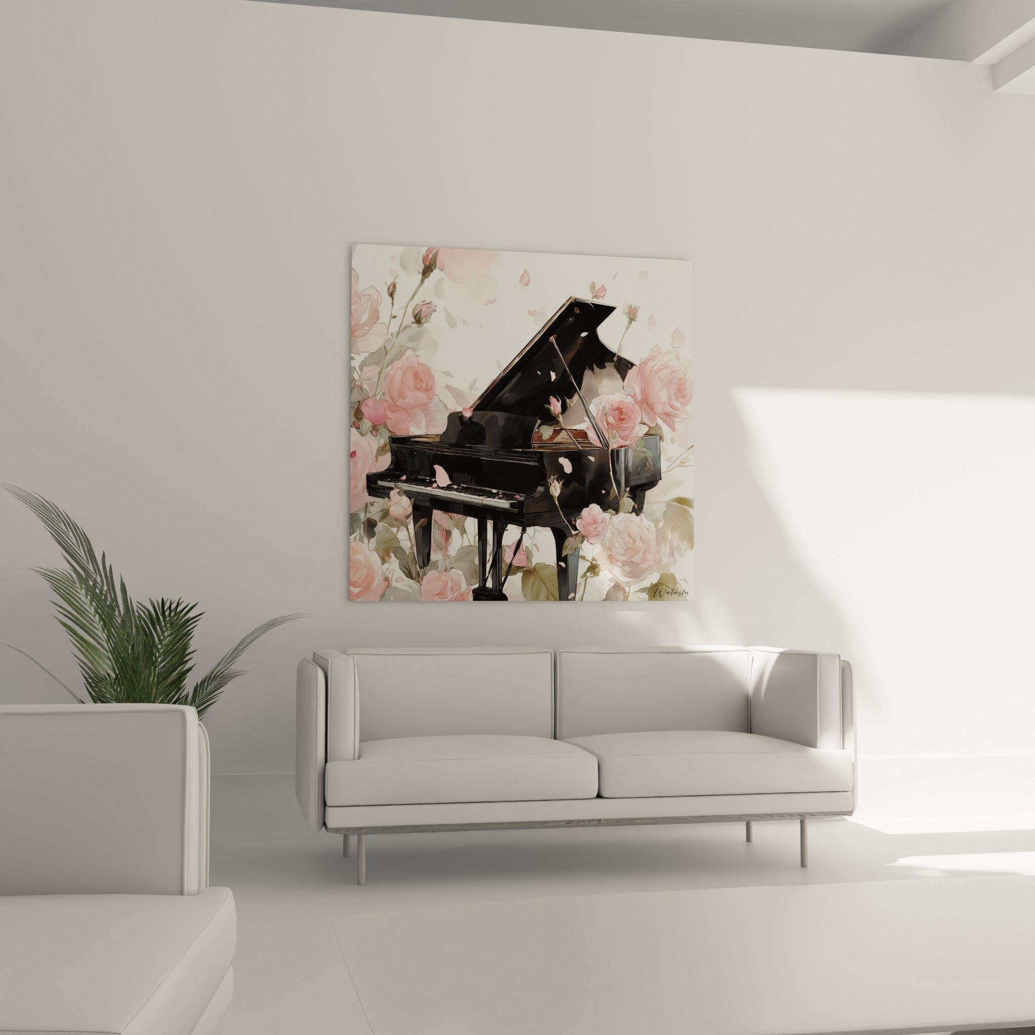 Clavier de piano parsemé de pétales roses et blancs, disposé au-dessus d'un canapé dans un salon lumineux