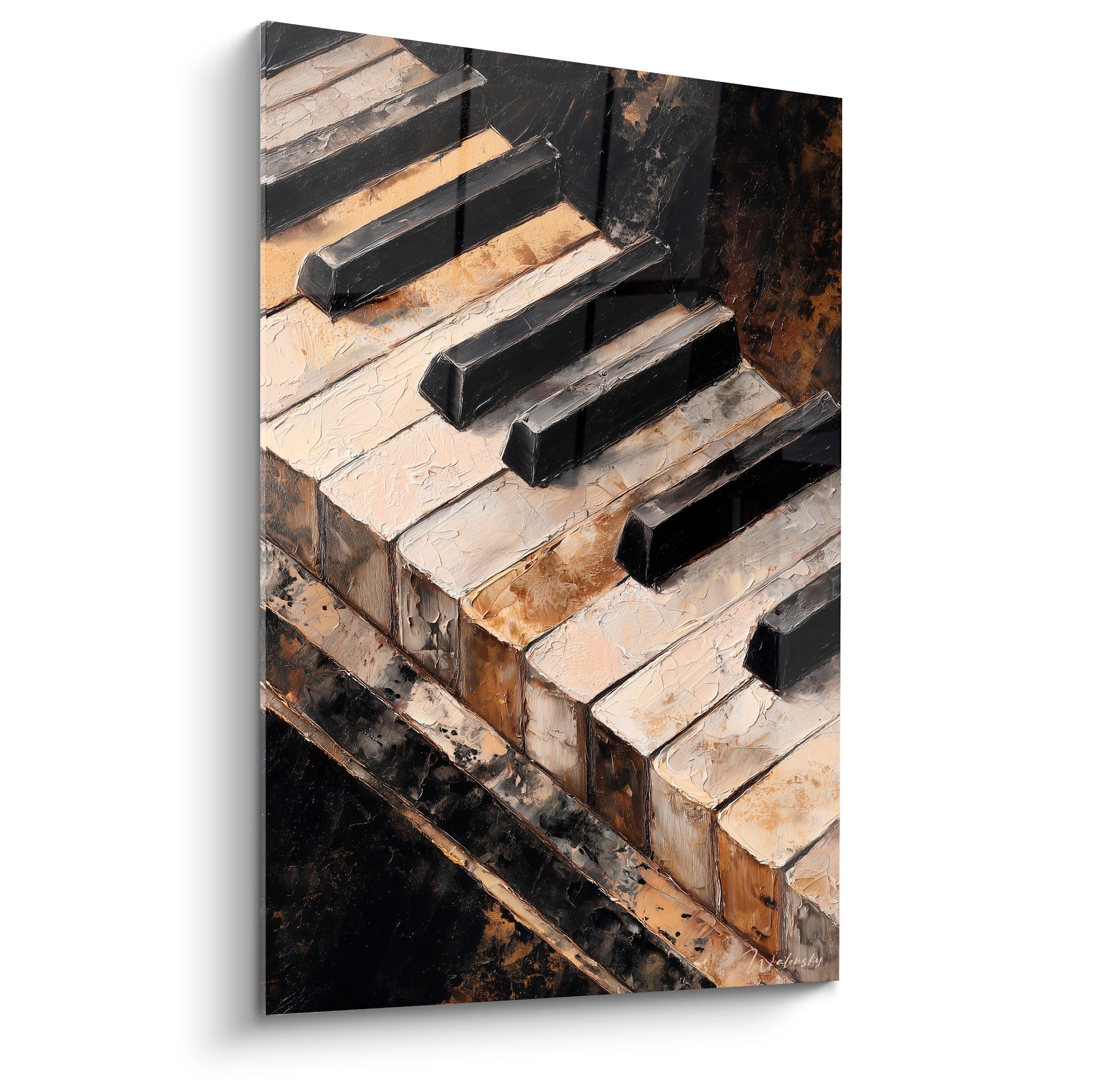 Clavier de piano en gros plan, touches ivoire et anthracite à la matière empâtée dorée