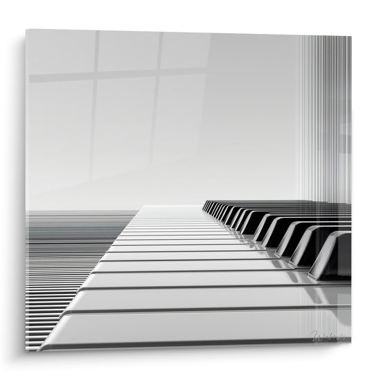 Musique et touches de piano blanches et noires en perspective, lignes graphiques épurées sur fond gris clair