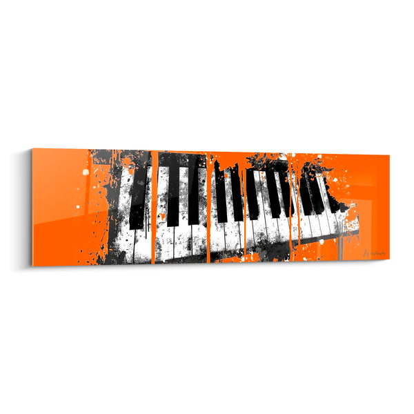 Cuadro Música naranja y negro, teclas salpicadas - Formato panorámico alargado - Edición Música