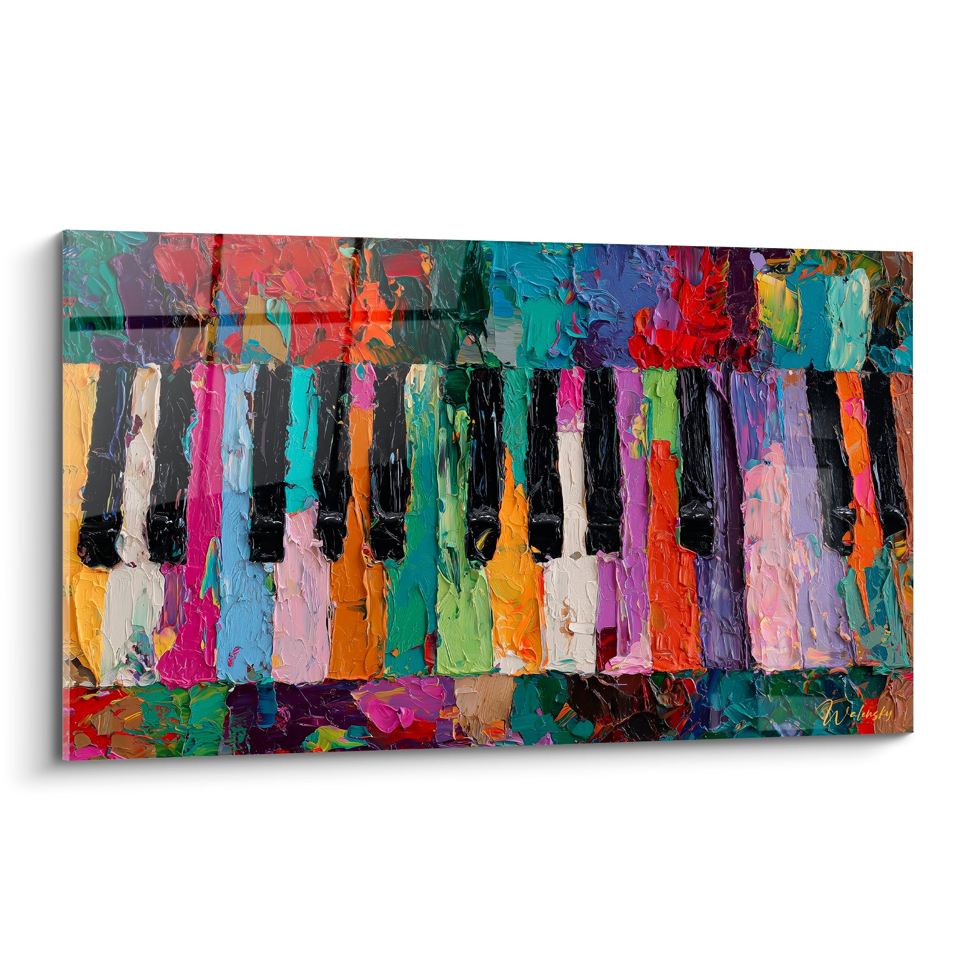 Clavier de piano peint en touches roses, turquoise et orange, matière épaisse au couteau