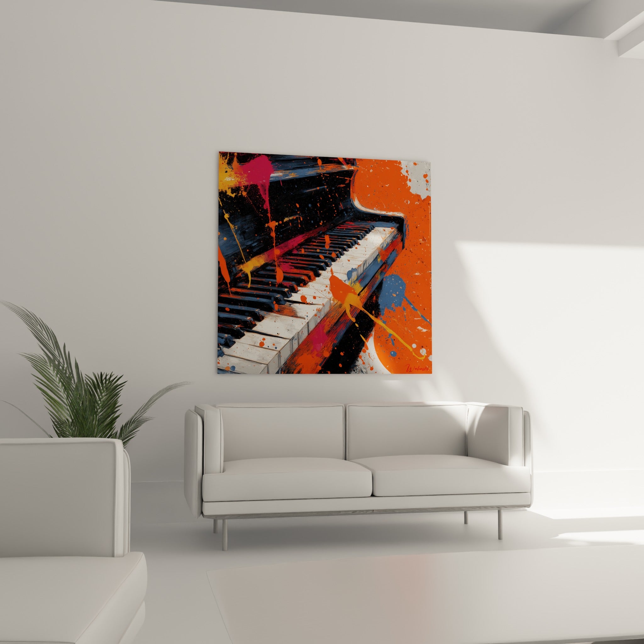 Touches de piano striées de rose fuchsia et doré au-dessus d'un canapé dans un salon lumineux