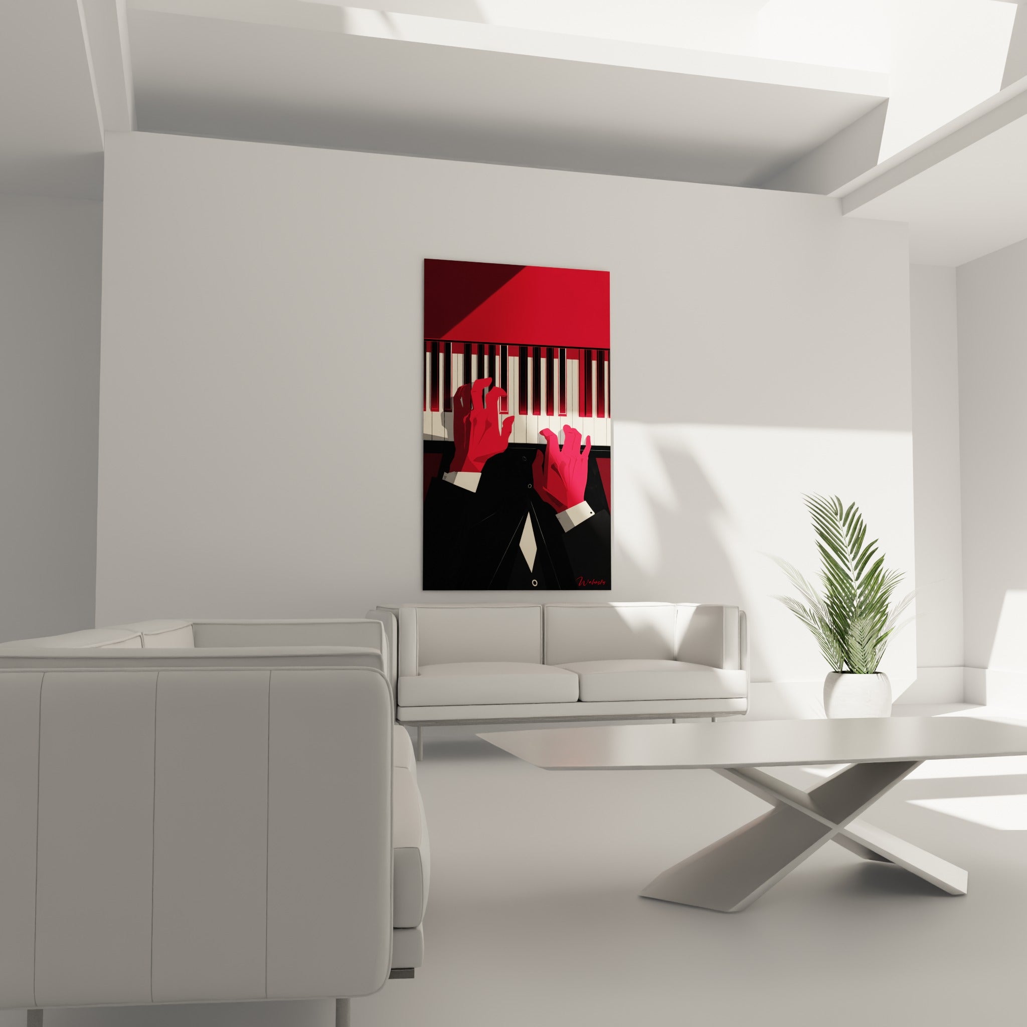 Costume noir et touches ivoire du pianiste, tableau musique au-dessus d'un canapé dans un salon lumineux