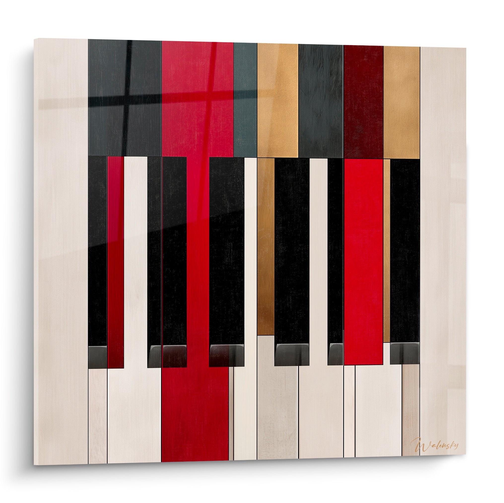 Musique clavier de piano stylisé en rouge carmin, ivoire, doré et anthracite, composition graphique verticale