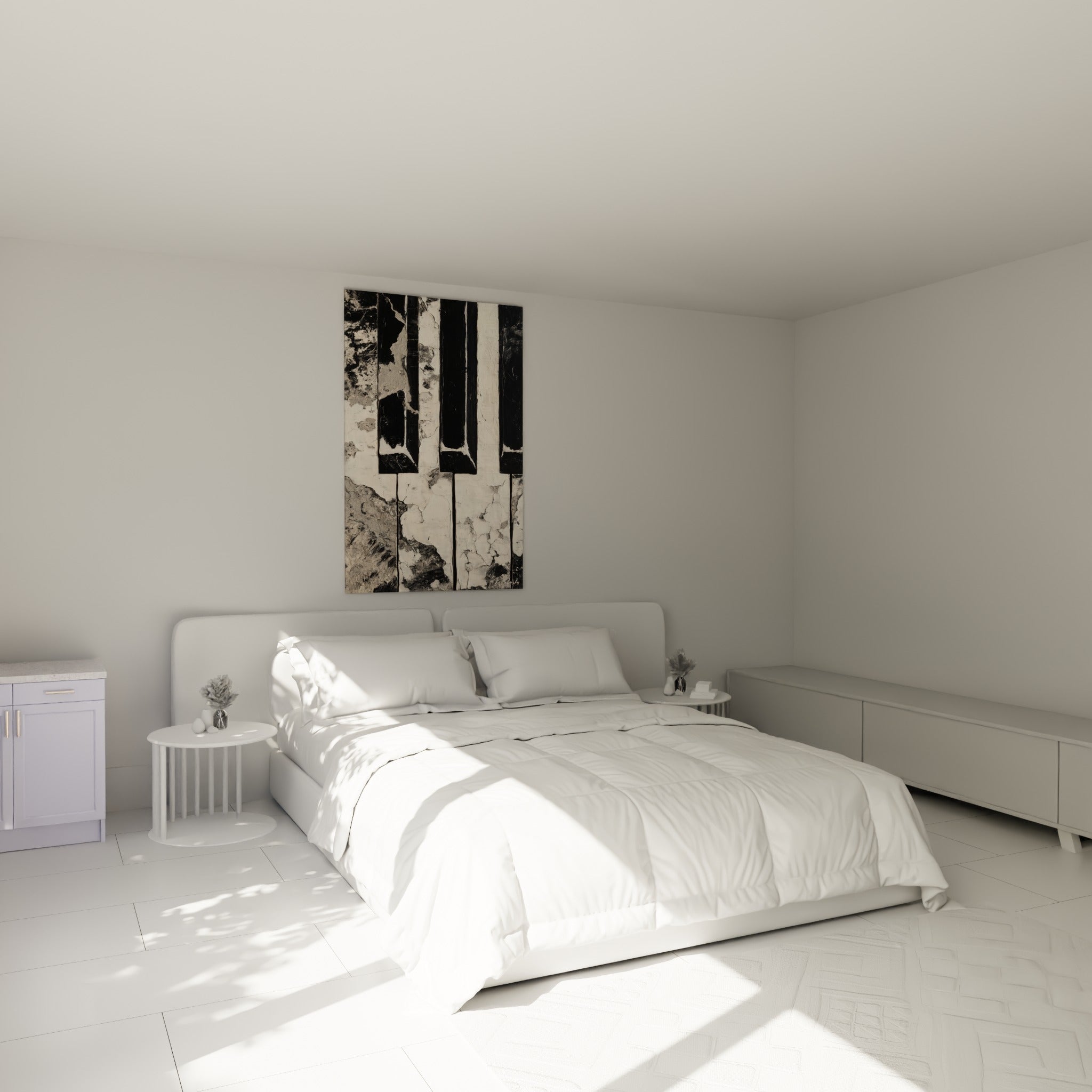 Clavier noir et ivoire au grain craquelé, tableau Musique au-dessus d'un lit dans une chambre claire