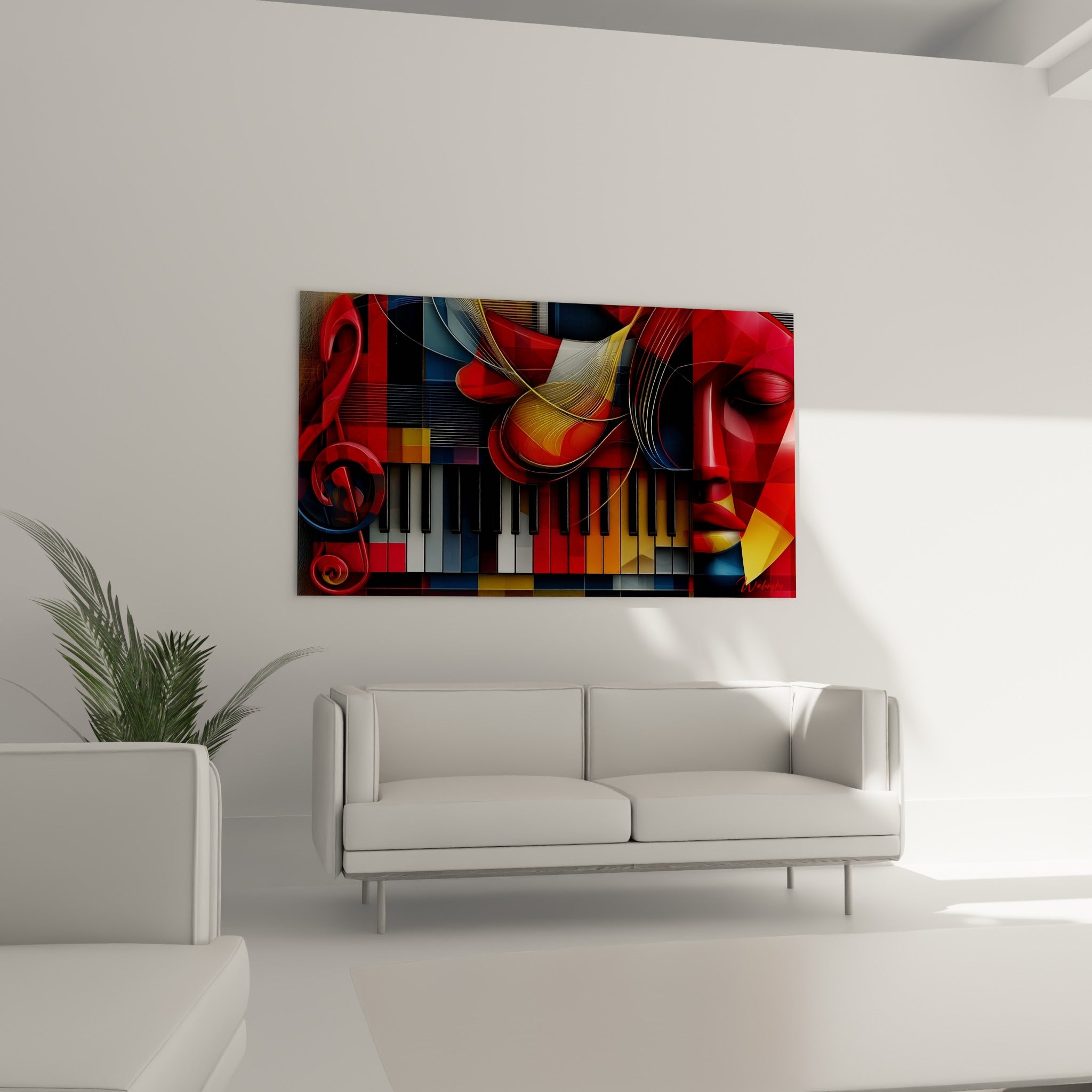 Clé de sol rouge et touches de piano noir et blanc, tableau musique doré au-dessus d'un canapé dans un salon lumineux
