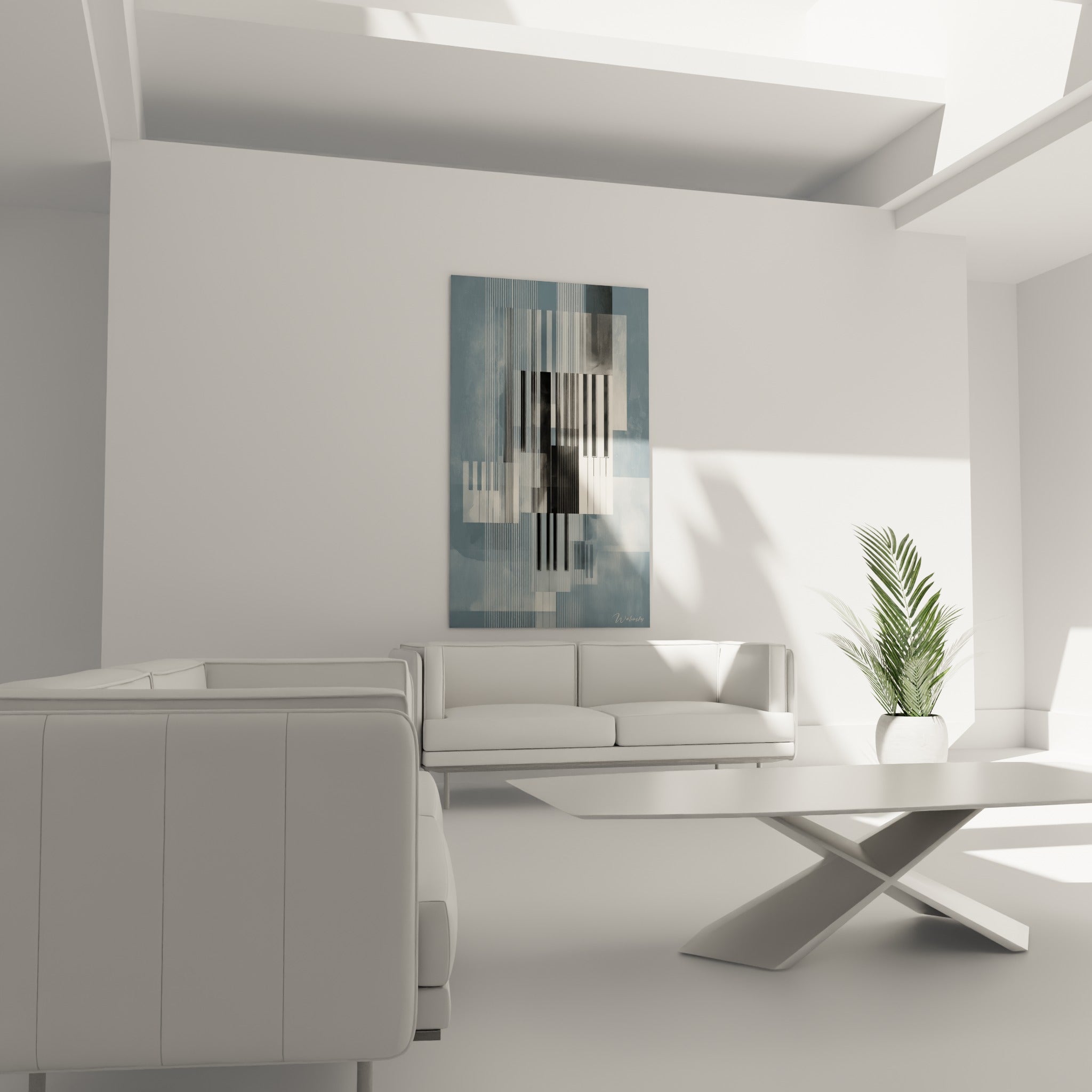 Composition musicale graphique en bleu gris et blanc cassé, disposée au-dessus d'un canapé dans un salon lumineux