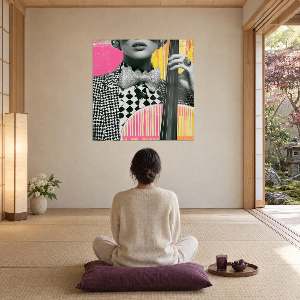 Schilderij pop-collage van een contrabassiste, getextureerde zilveren vlinderstrik, roze en gele achtergrond, tegenover een vrouw zittend op een pruimkleurig kussen