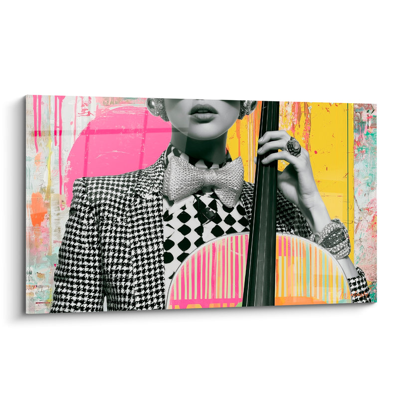 Tableau Musique rose fuchsia et jaune contrebasse pied-de-poule - Élégance urbaine - Edition Musique