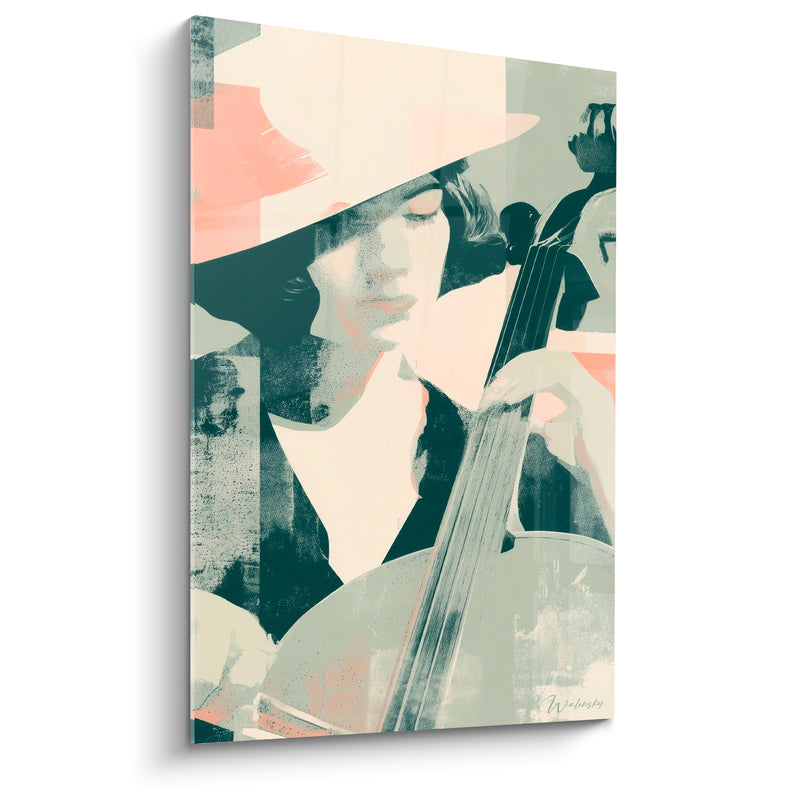 Tableau Musique vert sauge et pêche contrebasse chapeau - Yeux mi-clos - Edition Musique