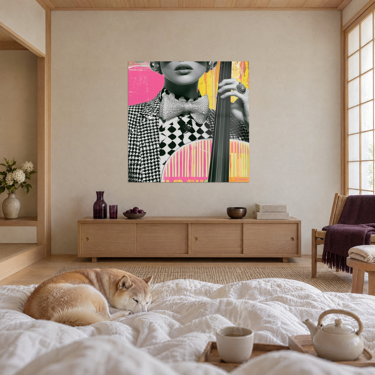 Schilderij instrumentalist met zilveren vlinderstrik op zwart geruit overhemd, fel roze en geel, een slapende Shiba boven een bed in een lichte slaapkamer