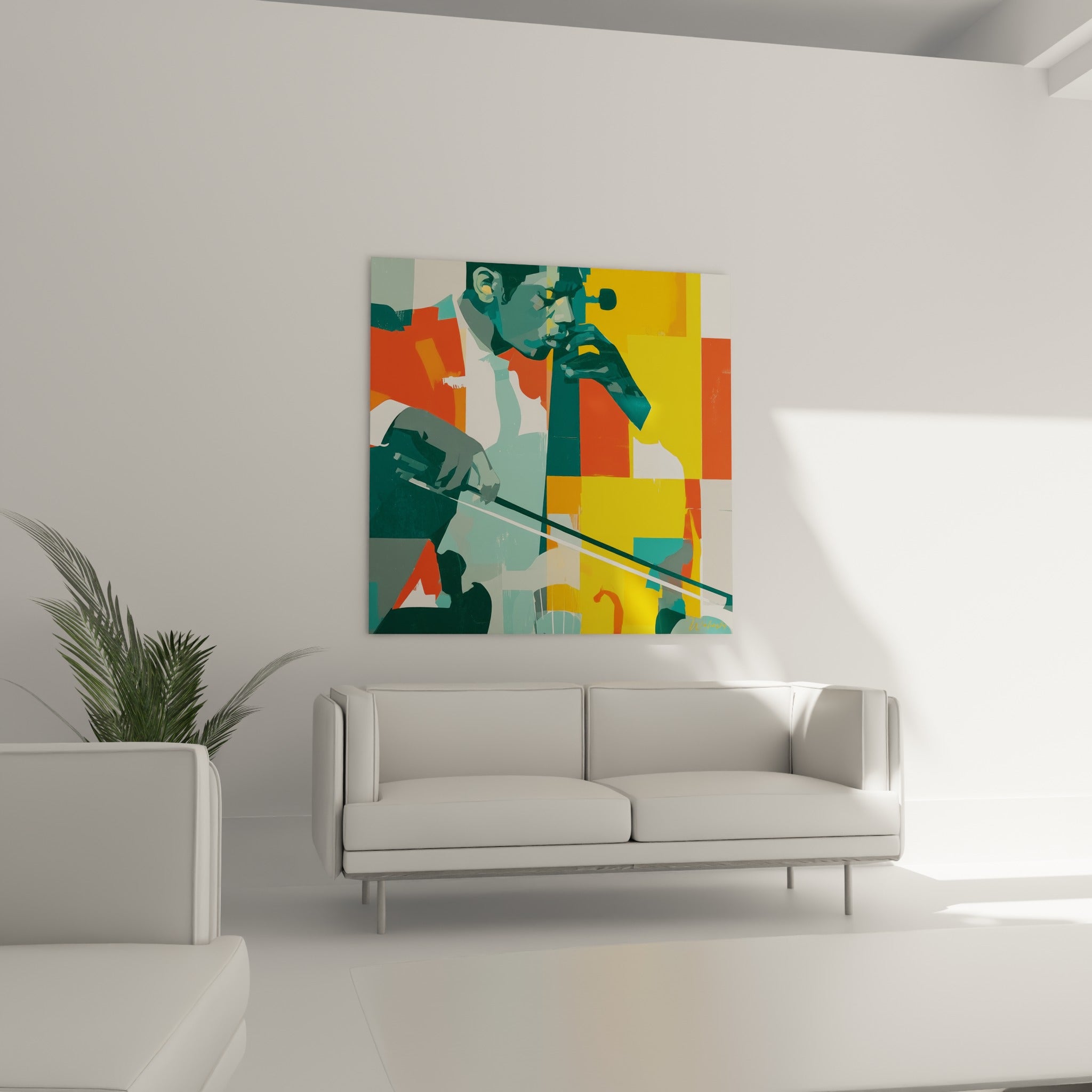 Violoniste graphique en corail et turquoise, geste concentré, au-dessus d'un canapé dans un salon lumineux