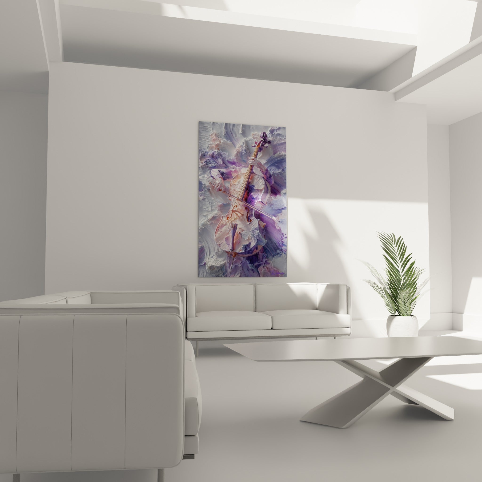 Archet glissant sur les cordes, nuances violettes et nacrées, au-dessus d'un canapé dans un salon lumineux
