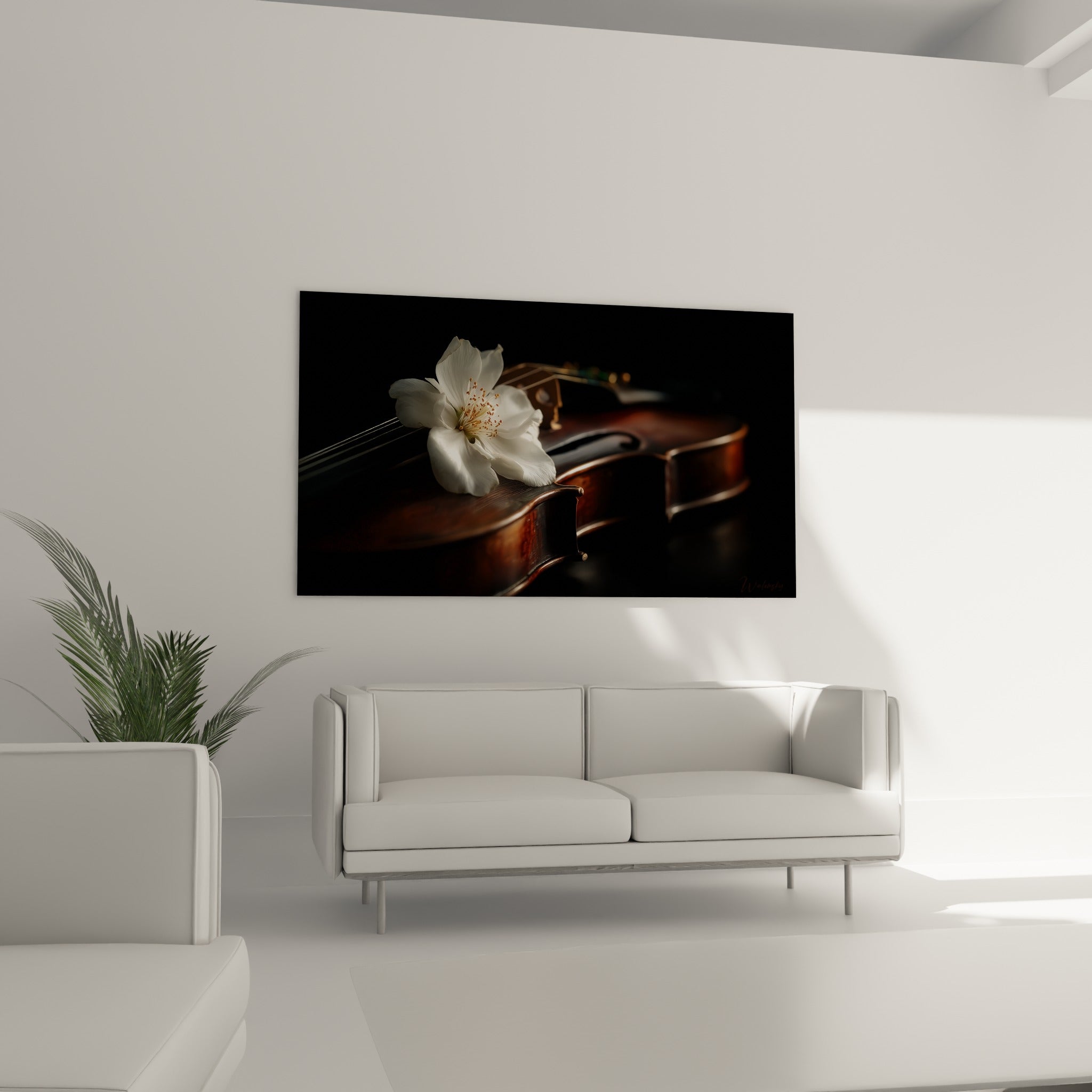 Bois cuivré du violon et pétales blanches lumineuses, au-dessus d'un canapé dans un salon lumineux