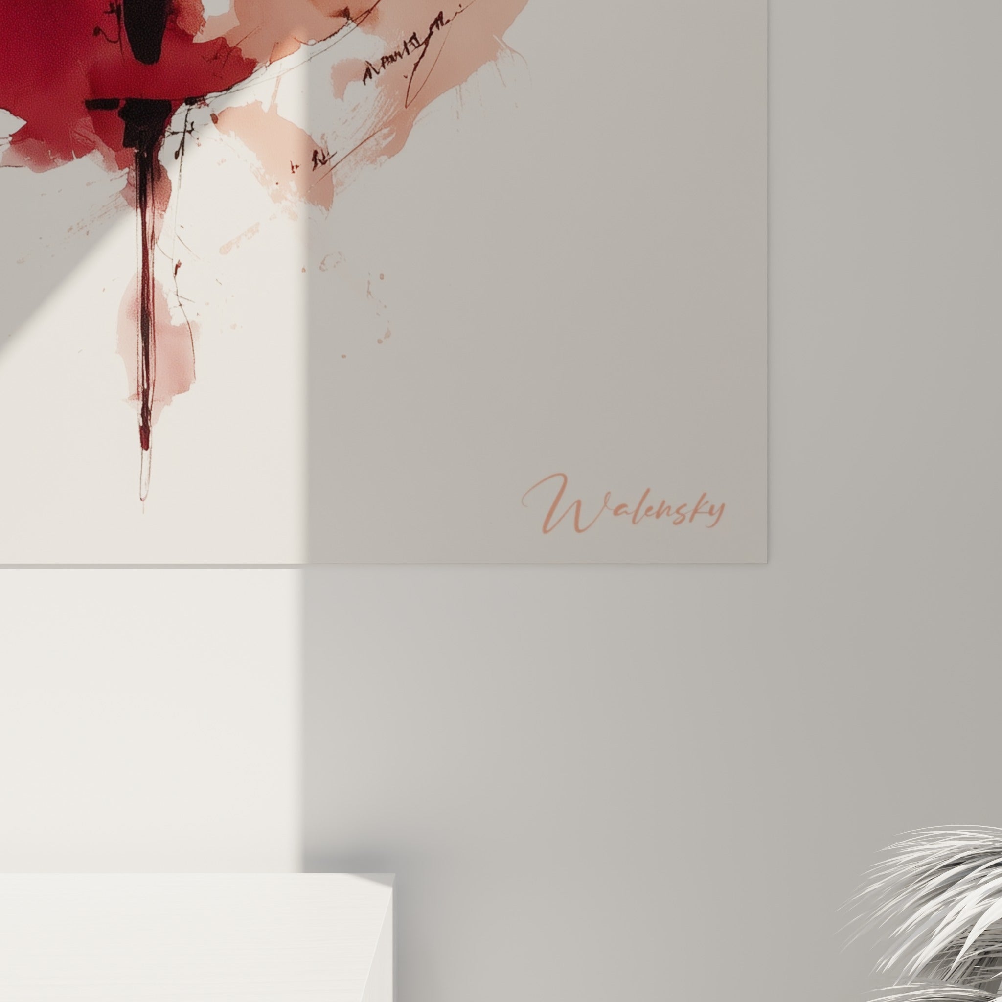 Coulures d'encre bordeaux et terracotta se mêlant au grain de la toile, cordes dorées finement tracées