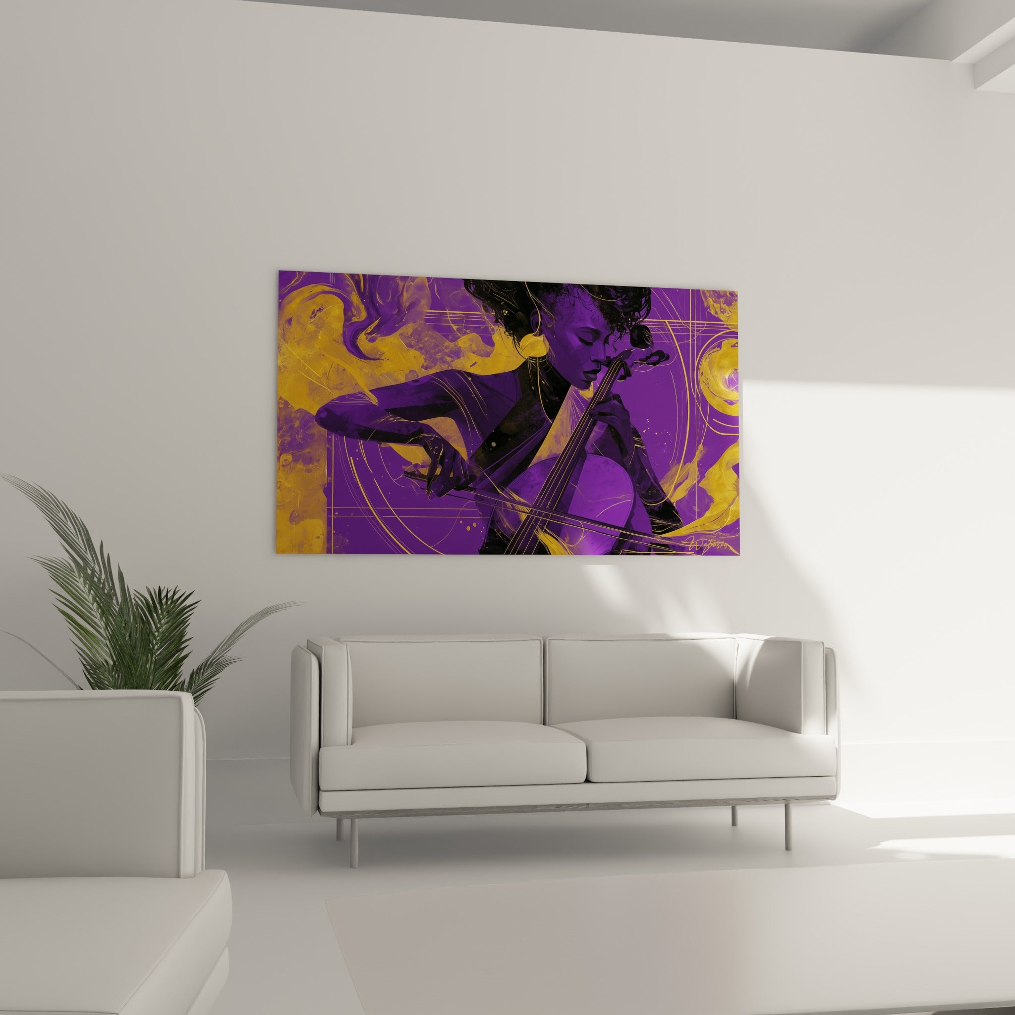 Silhouette penchée sur son violoncelle, tons violet et or mêlés, au-dessus d'un canapé dans un salon lumineux