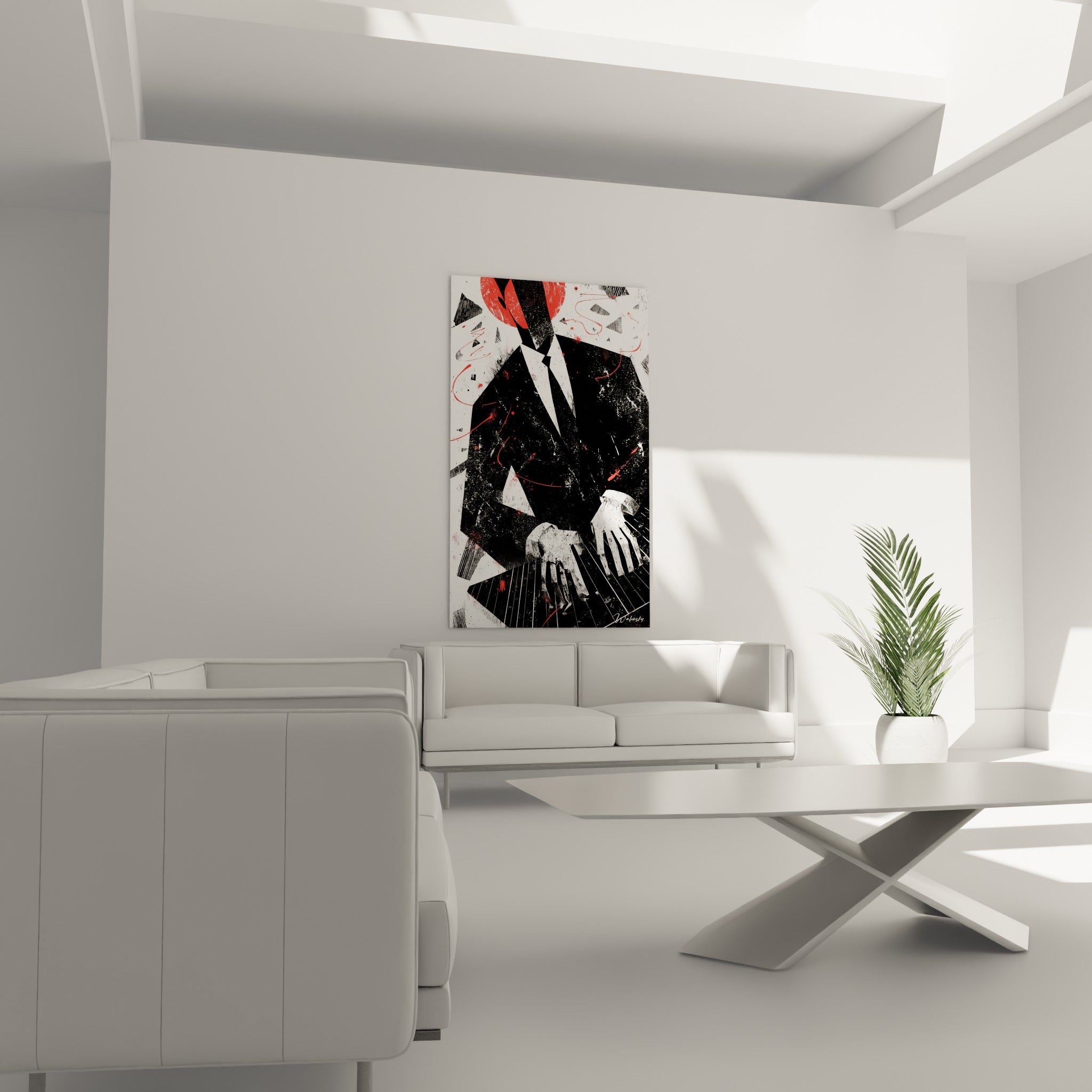 Musicien au costume anthracite et tache rouge vif au-dessus d'un canapé dans un salon lumineux