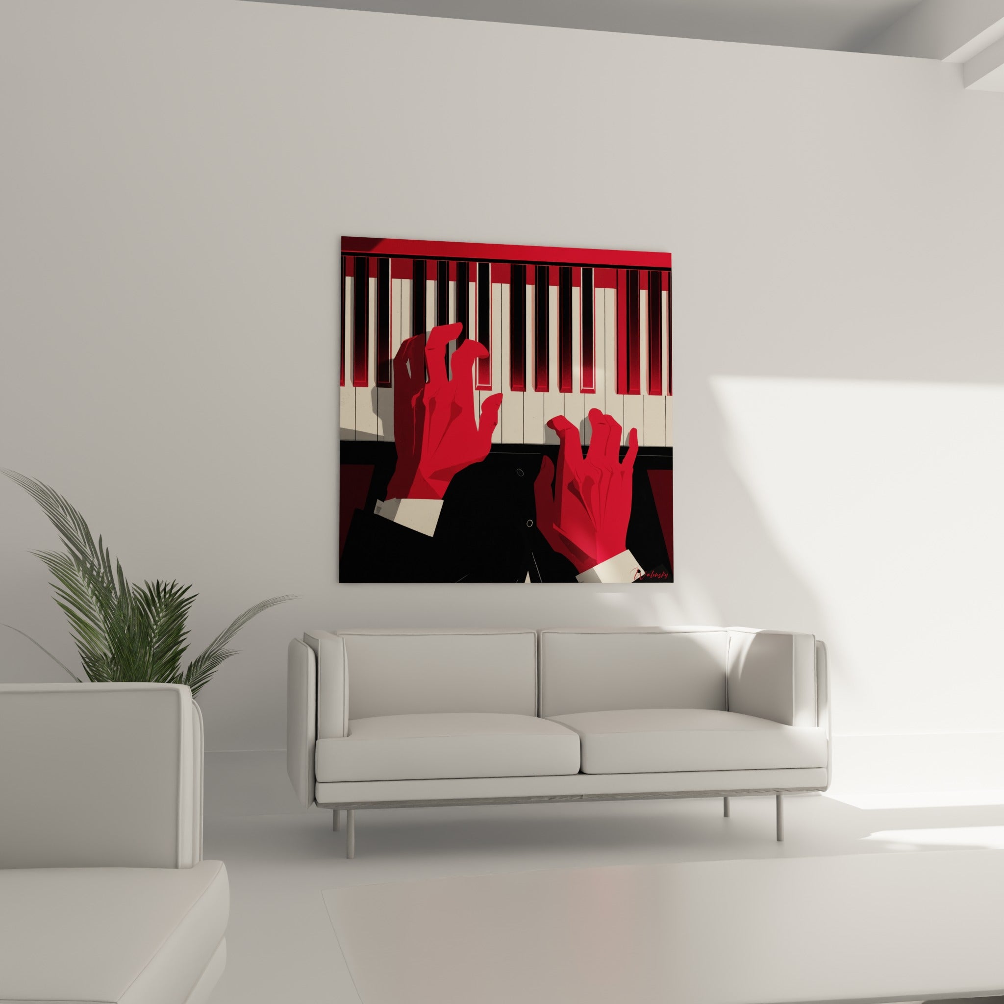 Costume noir et manchettes blanches encadrant des mains rouge vif sur un piano, au-dessus d'un canapé dans un salon lumineux