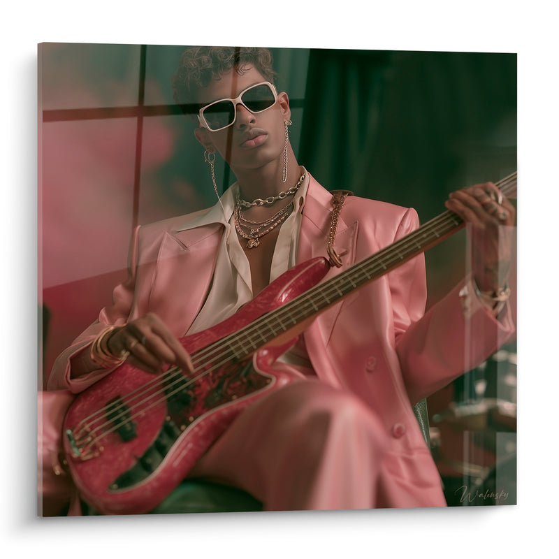 Tableau Musique rose et vert basse électrique - Lunettes et chaînes dorées - Edition Musique