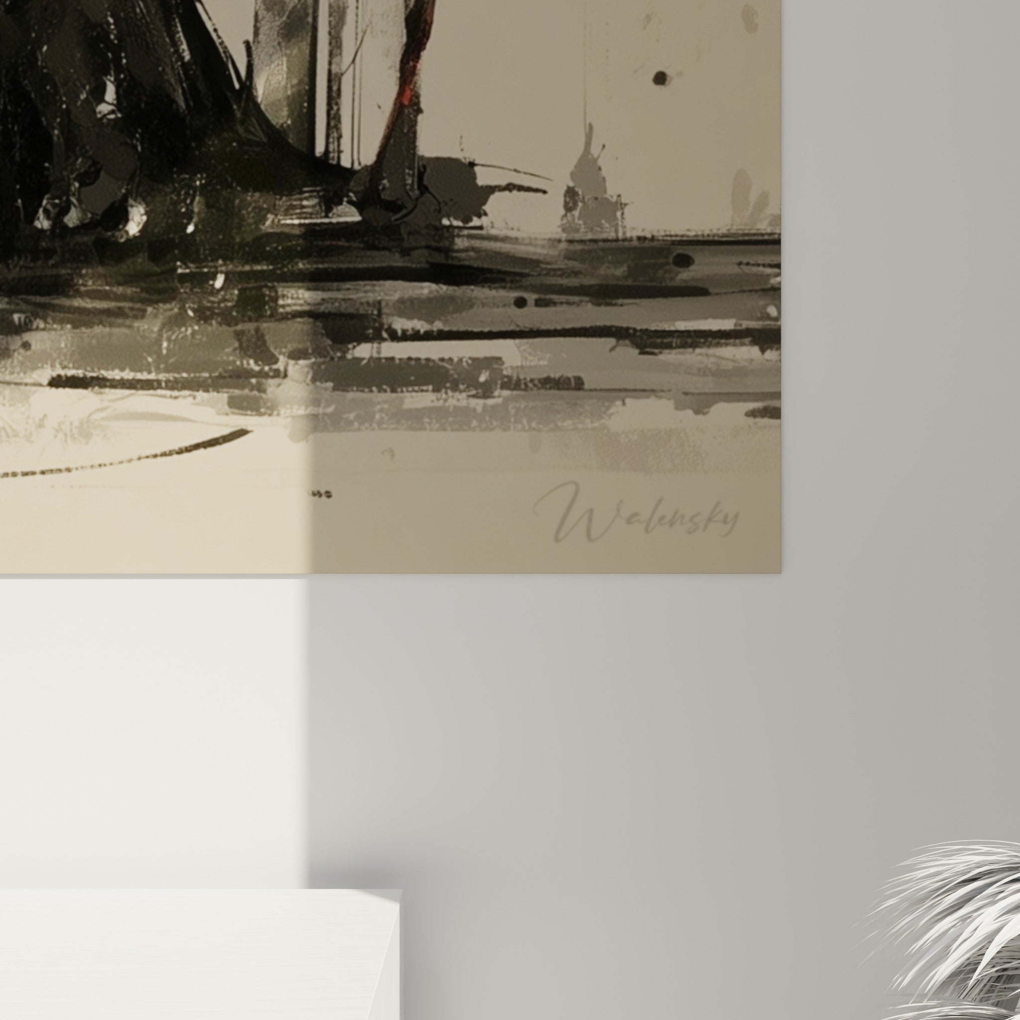 Coulures d'encre noire et éclaboussures sur fond beige texturé, grain visible près du cadre du tableau Musique