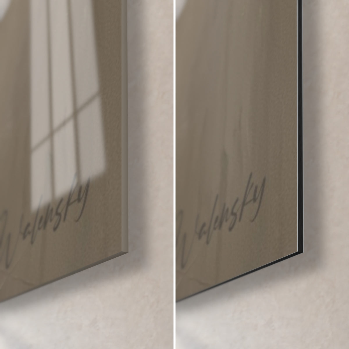 Wall art silhouette of a pianist in dark painting, lower right corner: glossy acrylic glass and matte Dibond, 3 mm edge