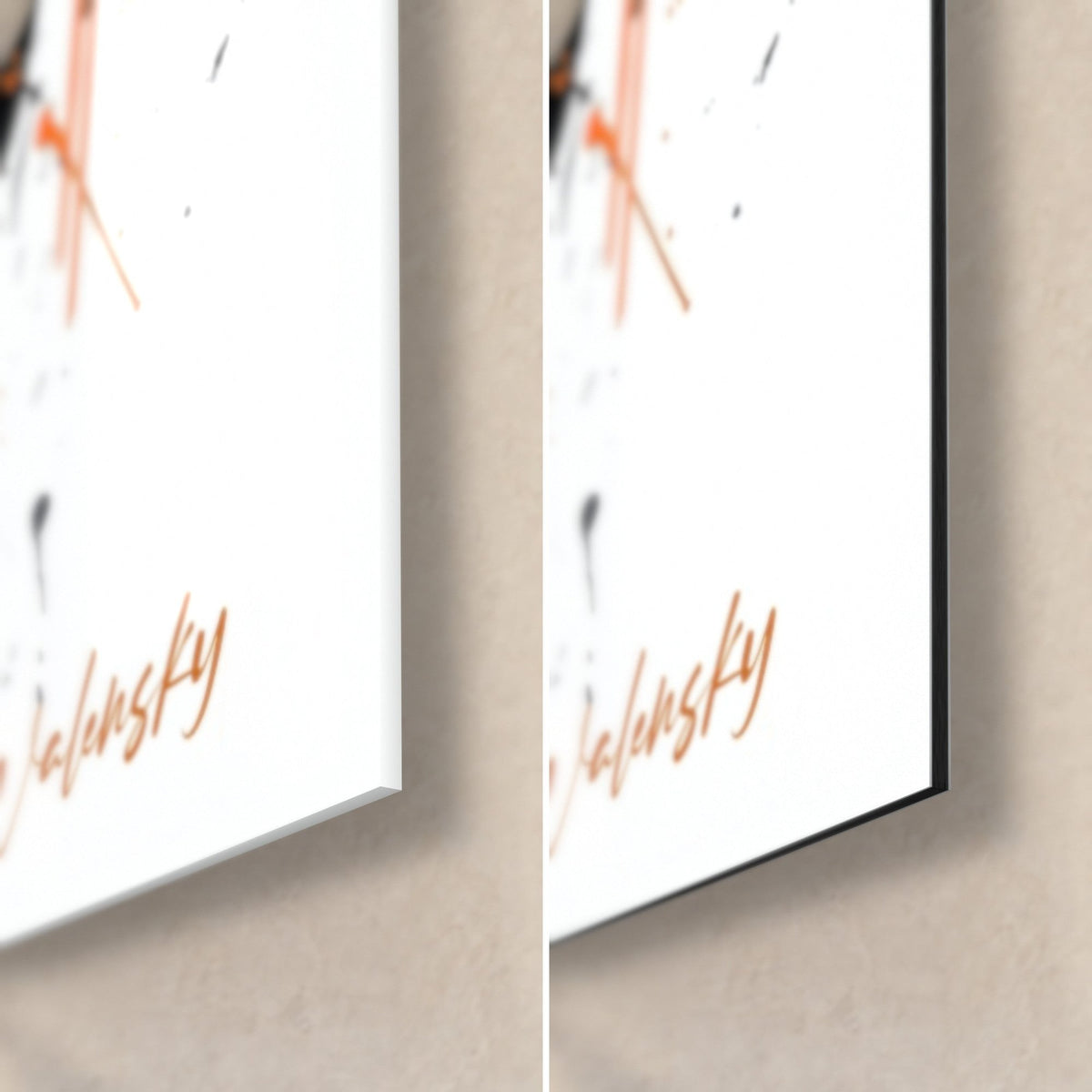 Tableau piano orange et noir, coin bas droit : verre acrylique brillant à gauche, alu Dibond mat blanc à droite