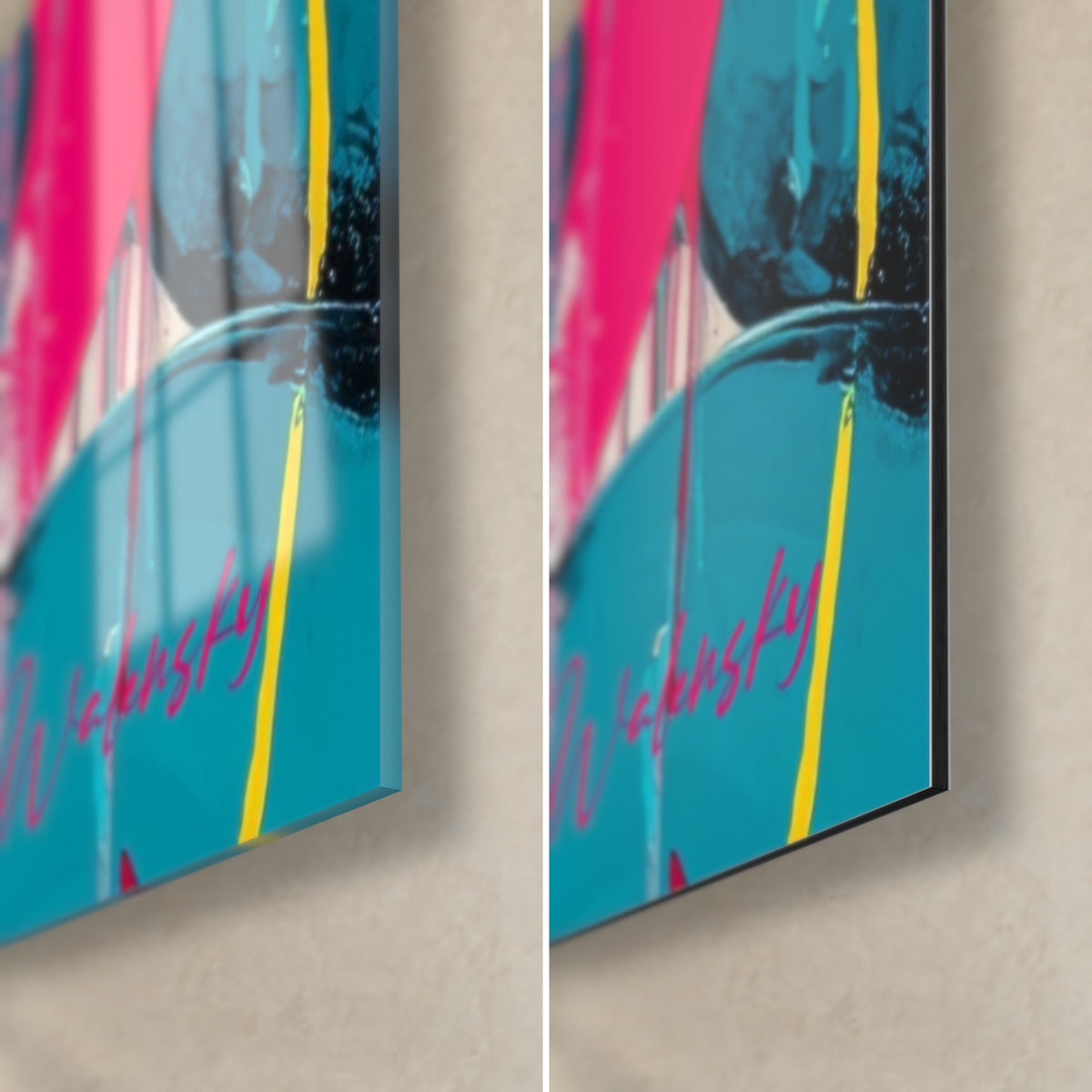 Tableau microsillons roses et turquoise, coin bas droit, verre acrylique brillant à gauche, Dibond mat à droite, tranche de 3 mm