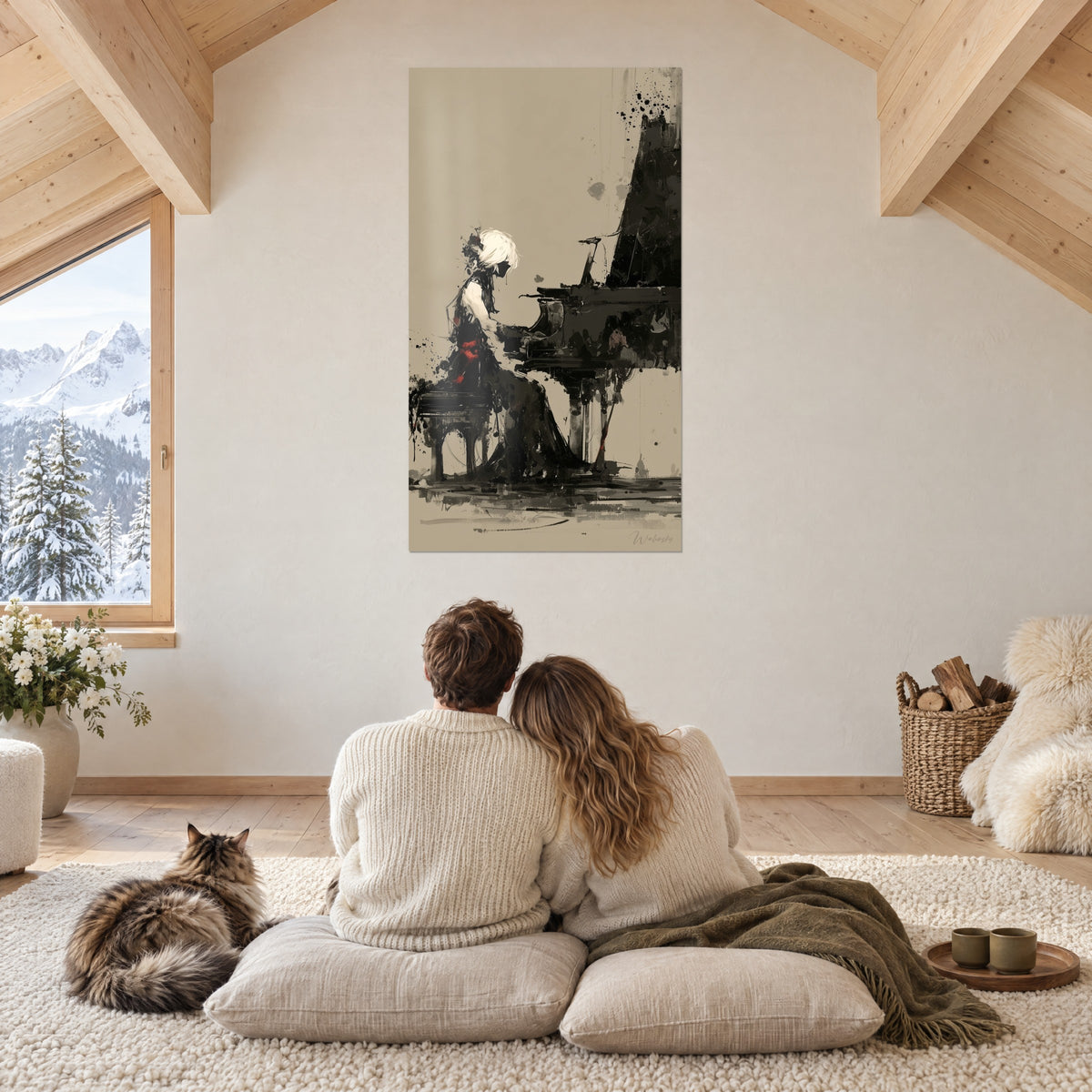 Quadro di una scena musicale in nero e beige, capelli bianchi e nastro rosso vivo, parete bianca di chalet sotto le travi